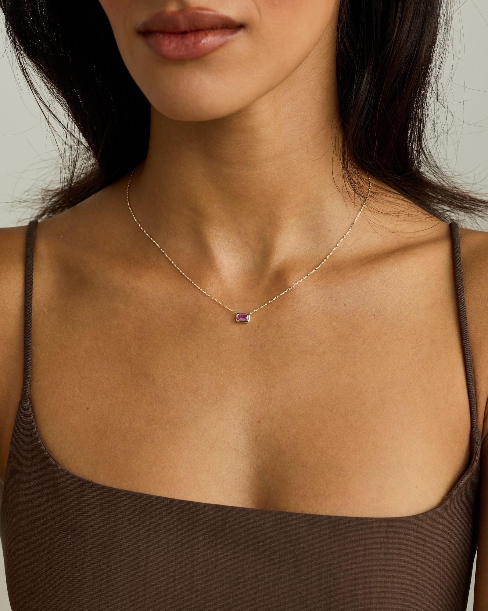 Emerald Cut Pink Created Sapphire East-to-West Set Bezel Necklace with Chain in 10kt Gold