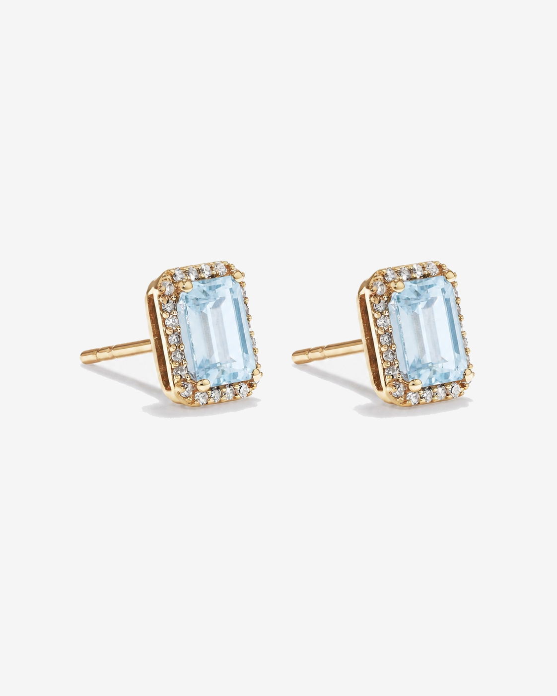 Emerald Cut Aquamarine and Diamond Halo Earrings in 10kt Yellow Gold