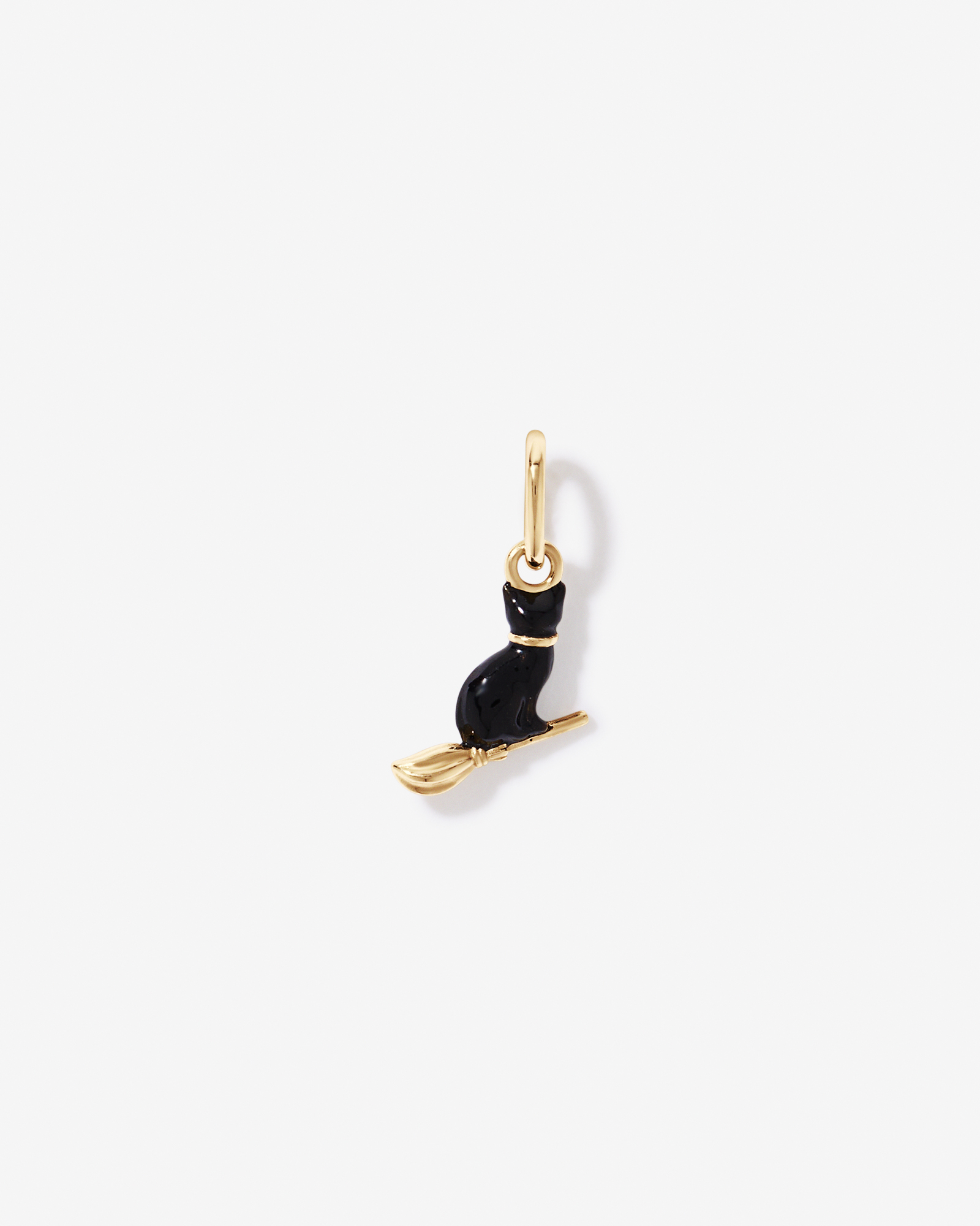 Cat on Broomstick Pendant with Black Enamel in 18kt Yellow Gold Vermeil