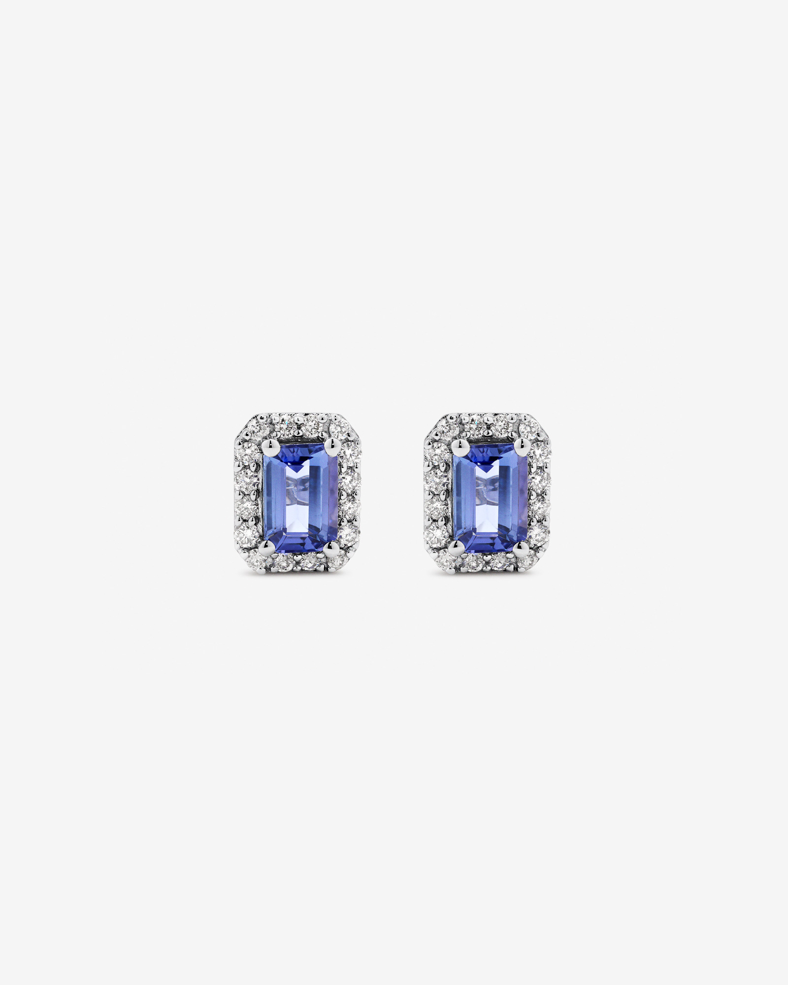 Boucles D'Oreilles Halo Avec Tanzanite Bleue Taille Émeraude Et 0,25 Carat Pt De Diamants En Or Blanc 14 Ct