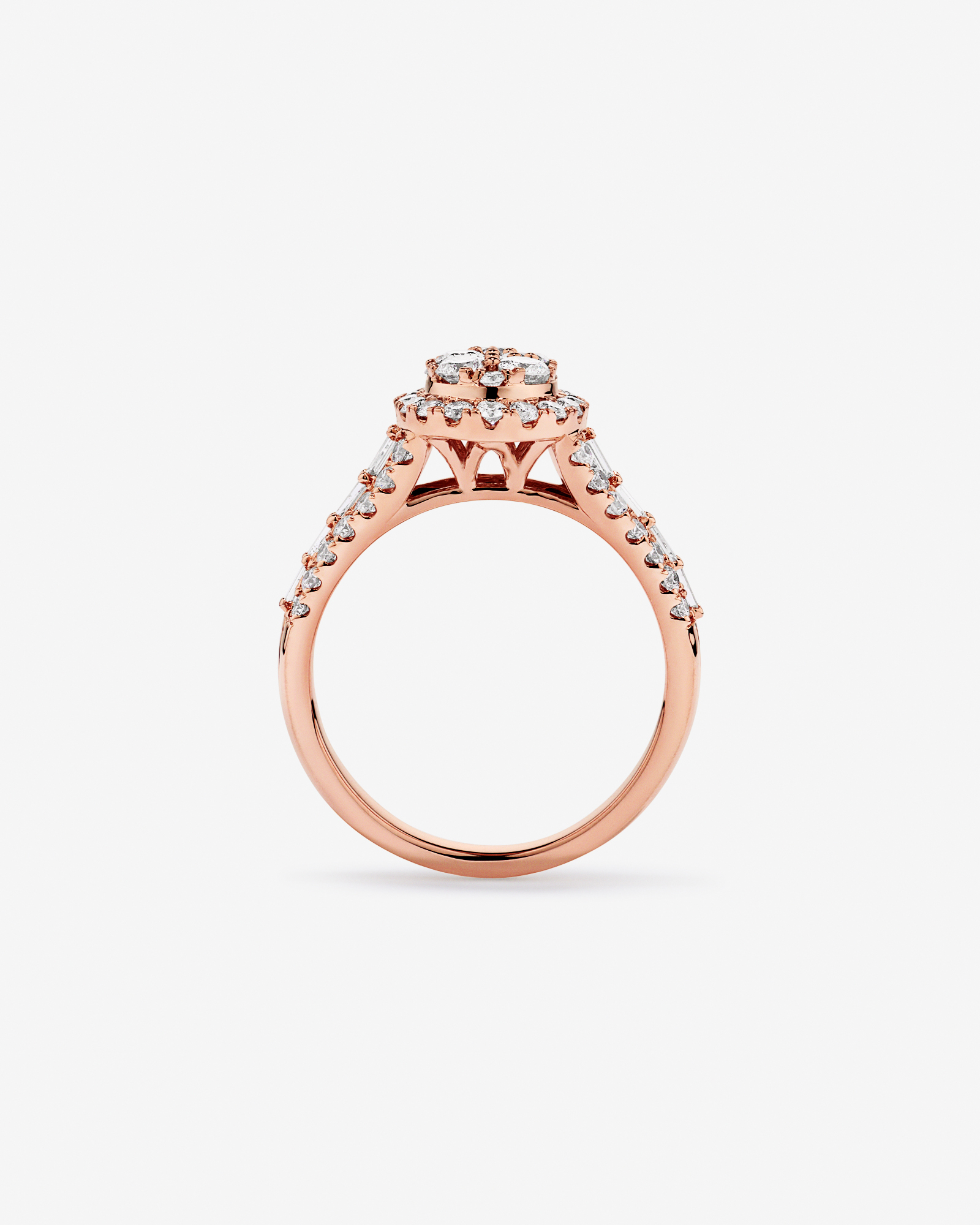 Bague en or rose 14 carats sertie de diamants ronds brillants et baguettes, pour un total 1,25 carat.
