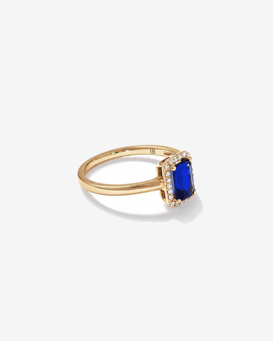 Emerald Cut Created Sapphire and Diamond Halo Ring 10kt Yellow Gold