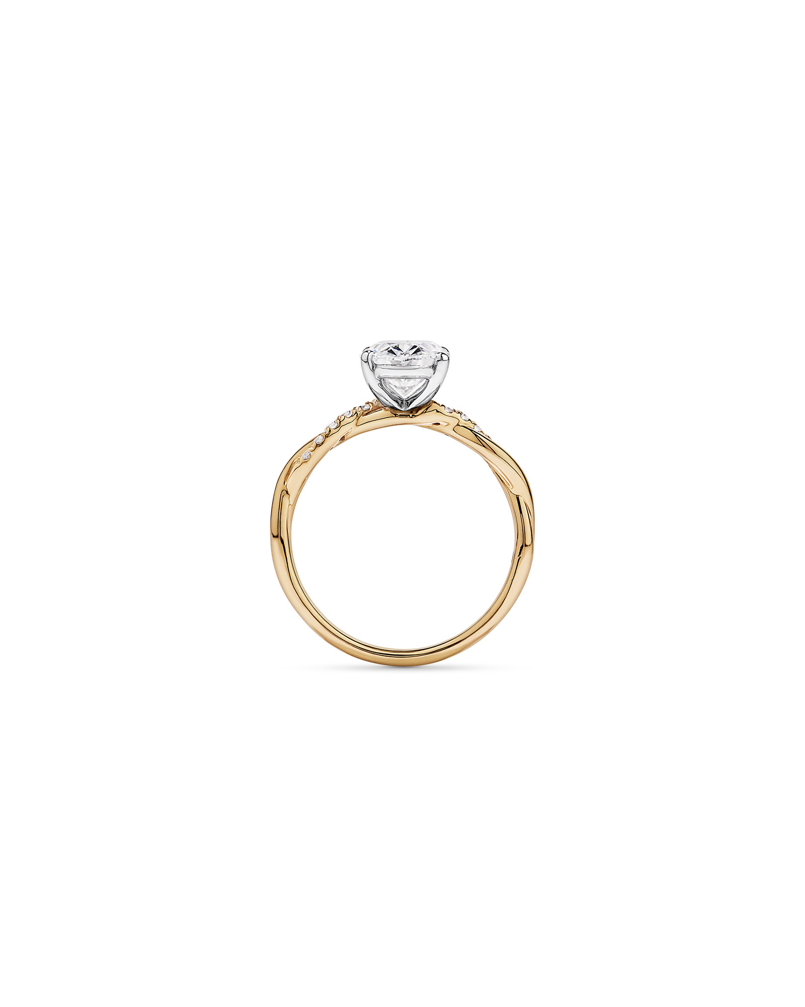 Bague de fiançailles torsadée en or jaune et blanc 14 carats, sertie d'un diamant ovale 2,10 carats cultivé laboratoire