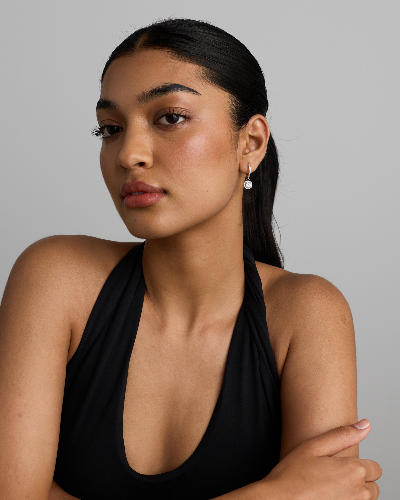 Round Brilliant Cubic Zirconia Halo Drop Hoop Earrings in Sterling Silver