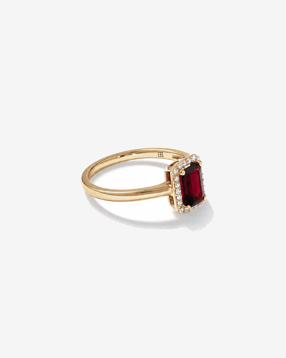Emerald Cut Garnet and Diamond Halo Ring 10kt Yellow Gold