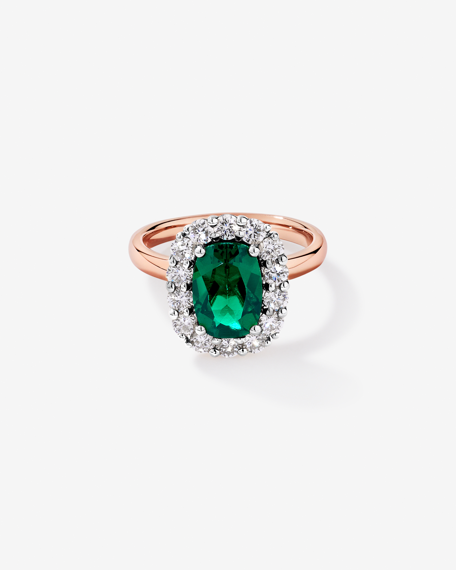 Création de la bague halo en diamant émeraude et 0,96 carat TW cultivée laboratoire or rose blanc 10 carats
