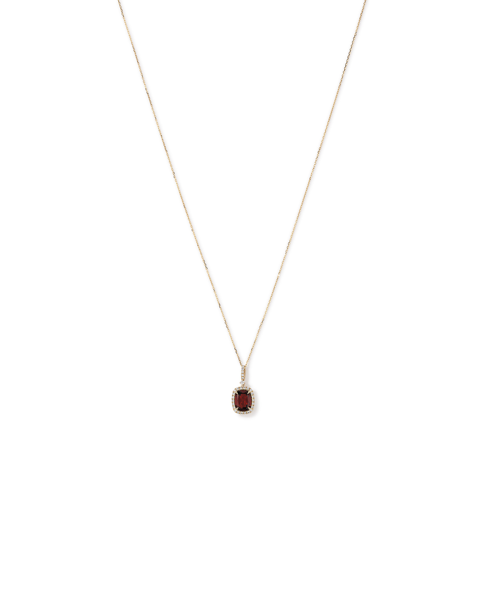 Cushion Cut Red Garnet Gemstone and Diamond Halo Pendant Necklace 10kt Yellow Gold