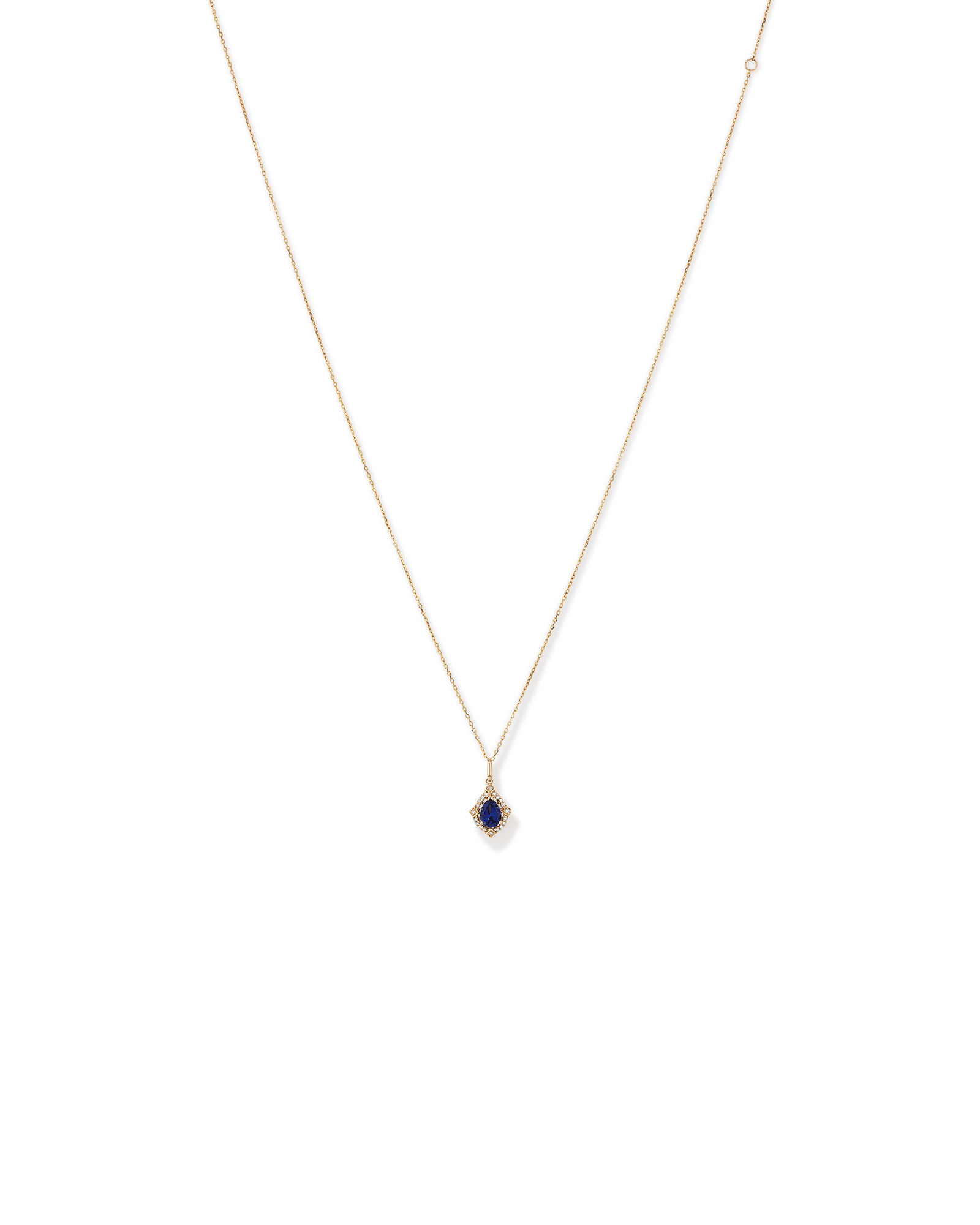 Pear Cut Created Sapphire and Diamond Halo Pendant Necklace in 10kt Yellow Gold