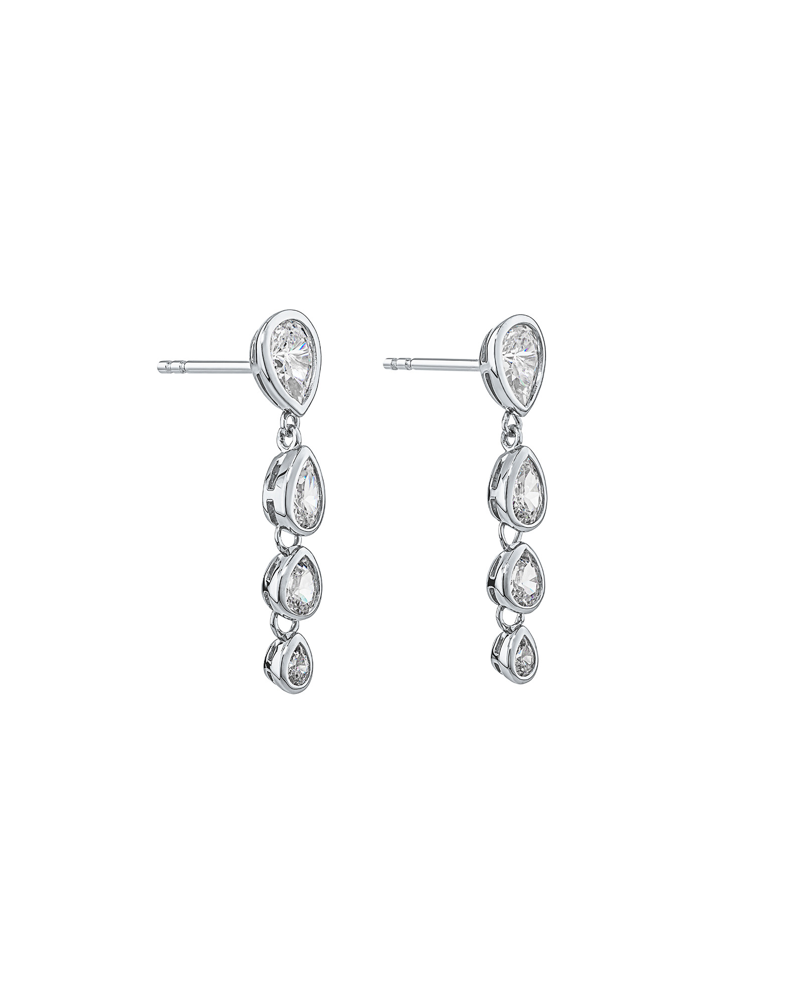 Pear Shaped Cubic Zirconia Bezel Set Stud Drop Earrings in Sterling Silver