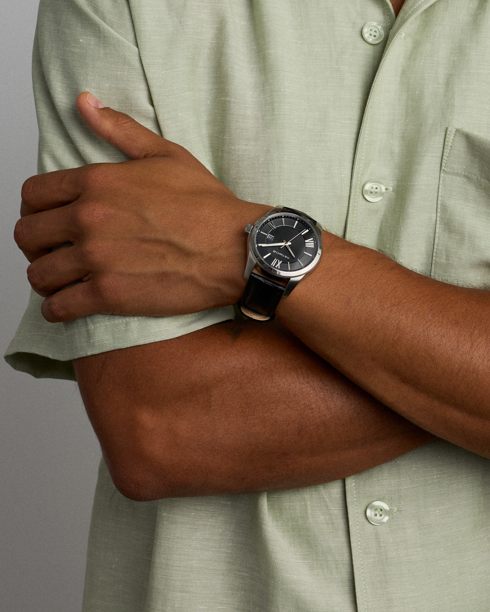 Men's Watch in Stainless Steel & Black Leather