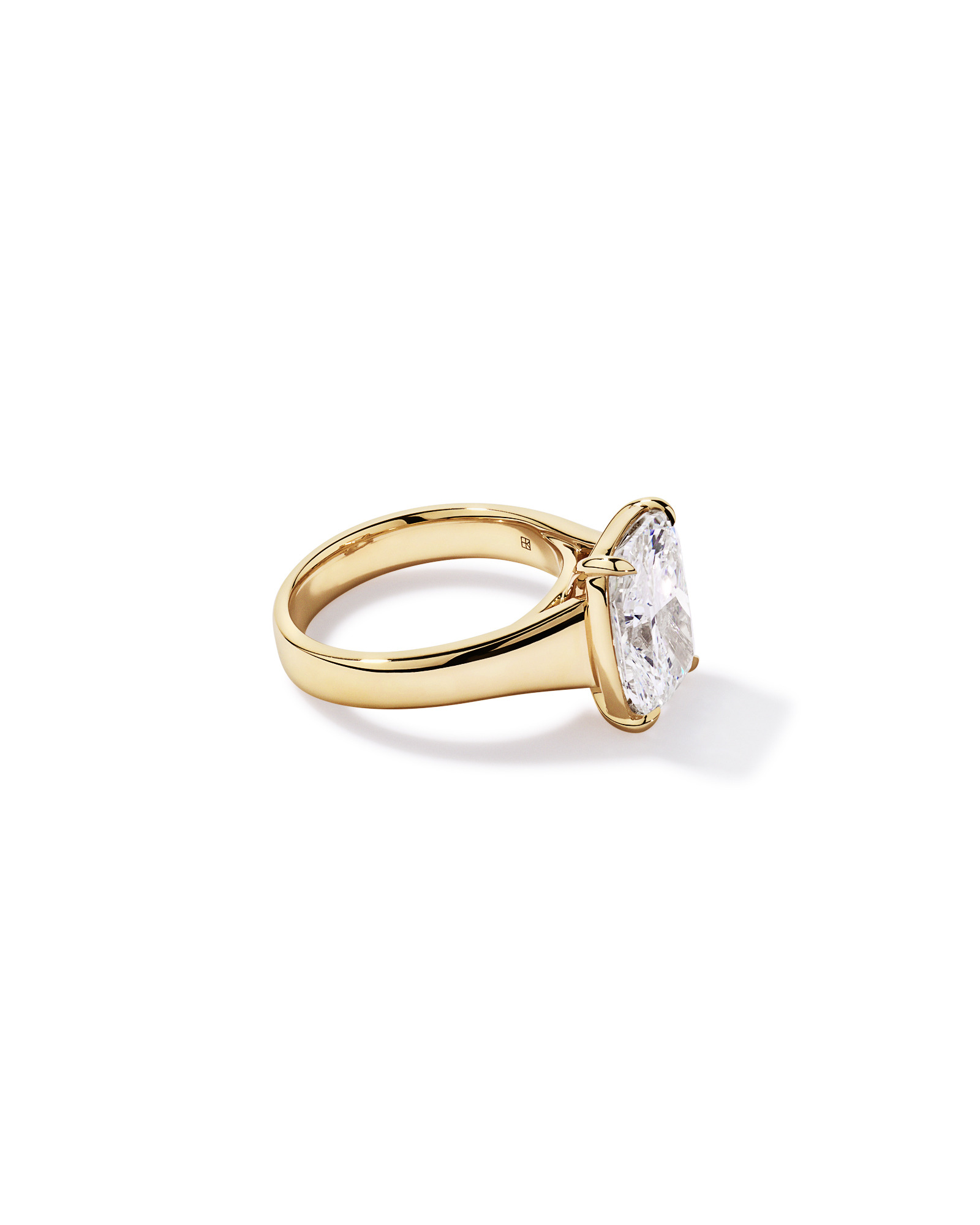 5.00 Carat Laboratory-Grown Elongated Cushion Diamond Solitaire Four Claw with Low Set Bezel Engagement Ring 14kt Yellow Gold