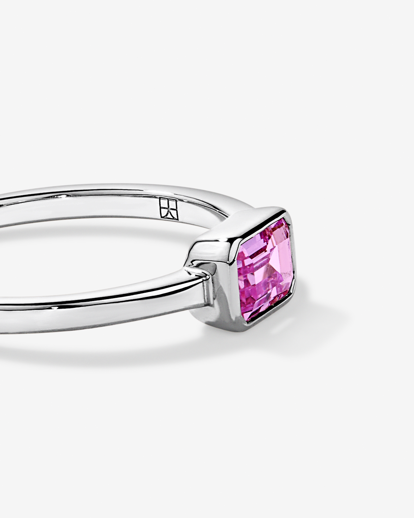 Emerald Cut Pink Created Sapphire East-to-West Set Bezel Ring 10kt Gold