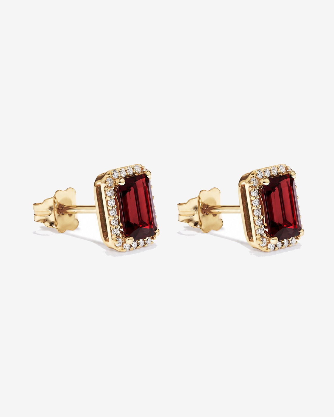 Boucles d'oreilles halo Grenat taille émeraude avec diamants en or jaune 10 ct