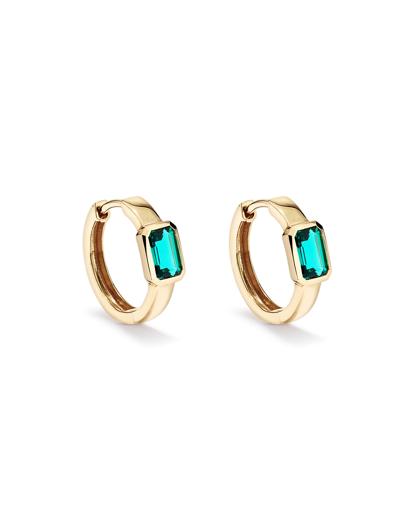Created Emerald Bezel Huggie Earrings in 10kt Yellow Gold