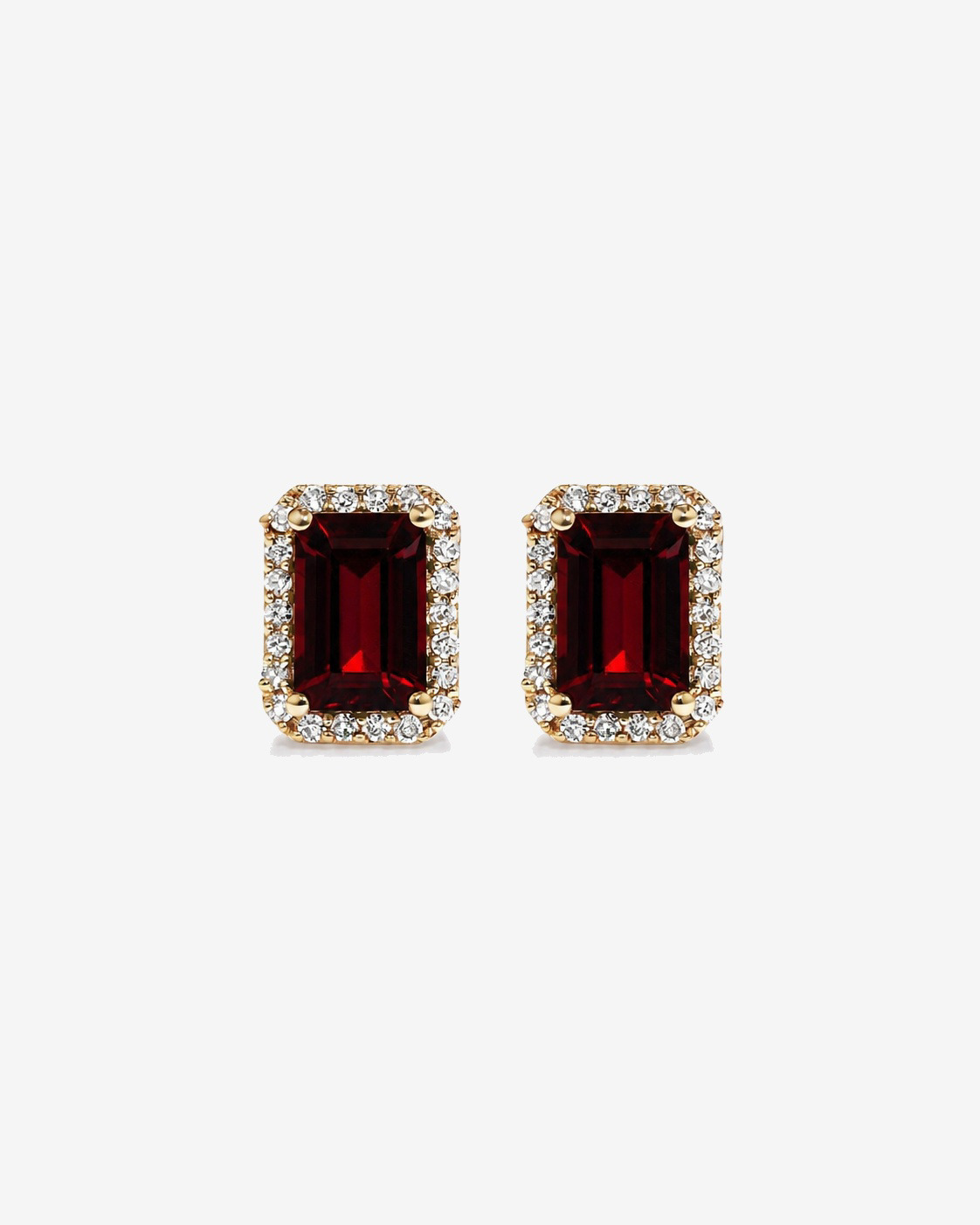 Boucles d'oreilles halo Grenat taille émeraude avec diamants en or jaune 10 ct