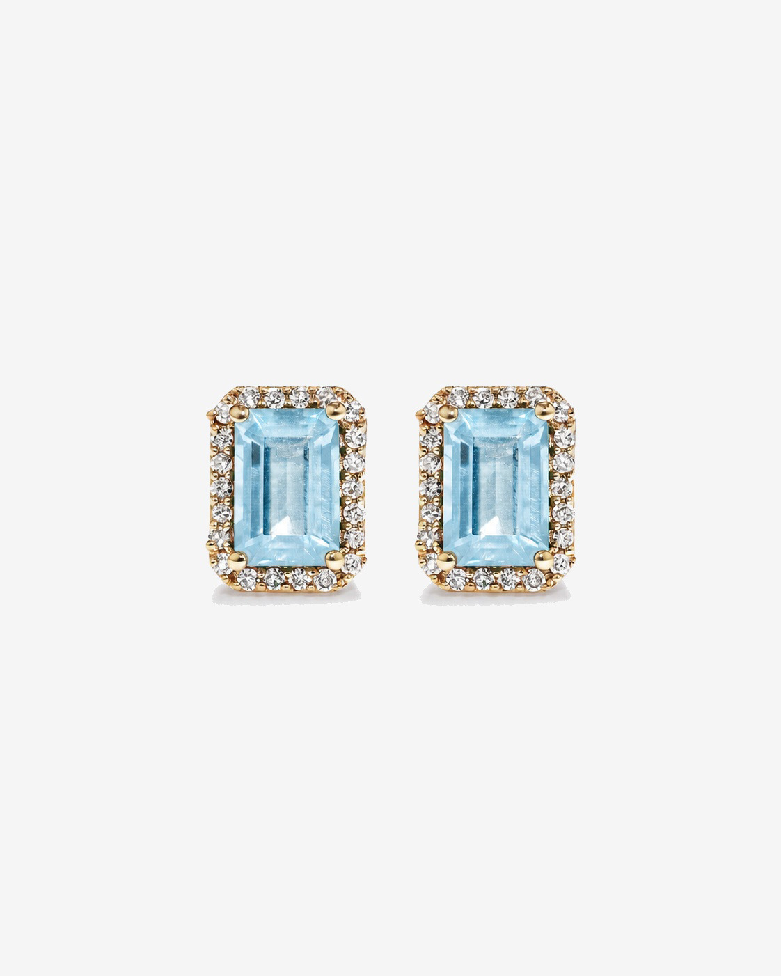 Boucles d'oreilles halo Aigue-marine taille émeraude avec diamants en or jaune 10 ct