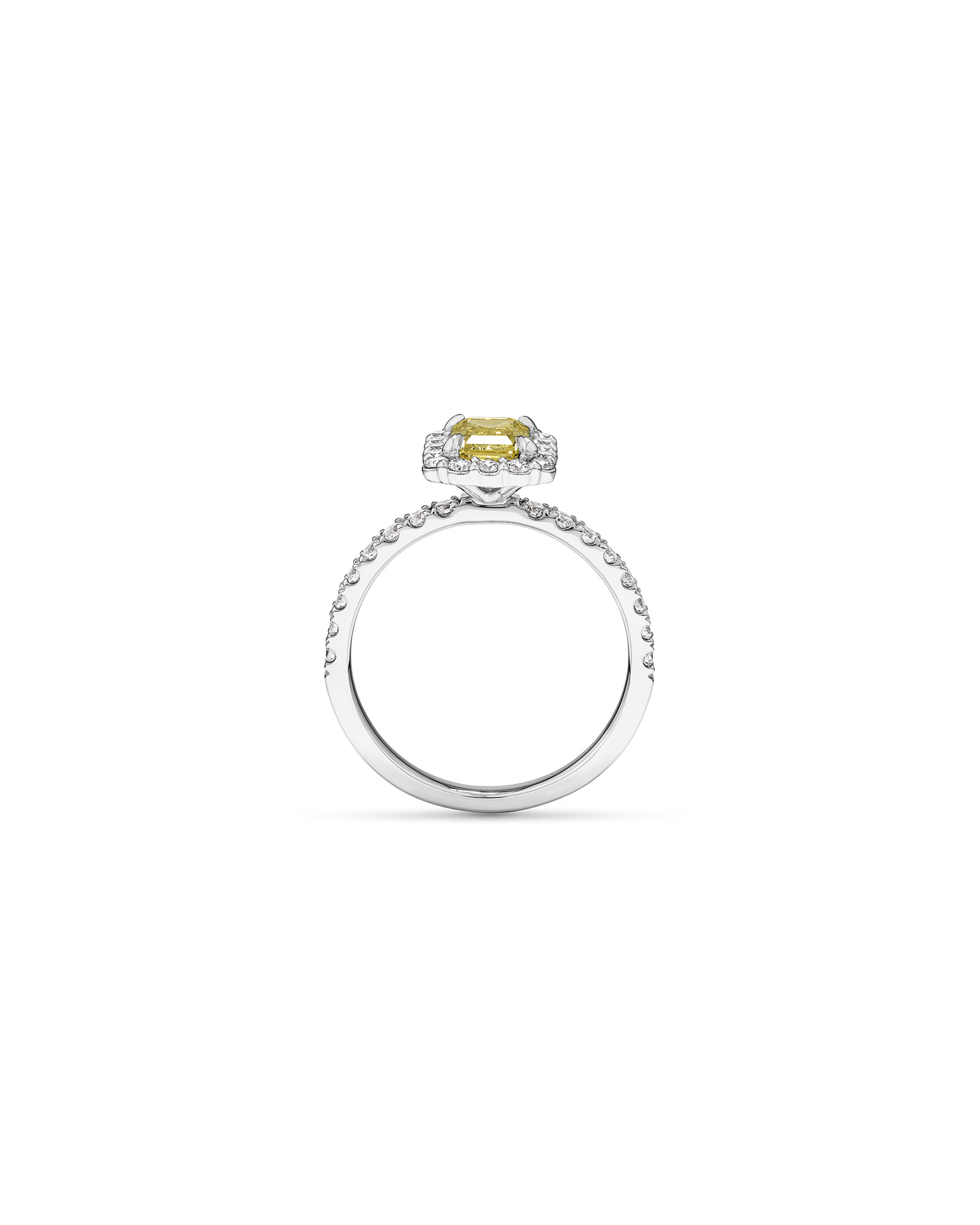 Bague de fiançailles halo en diamant jaune taillé émeraude de 1,58 carat TW, en or blanc 14 kt