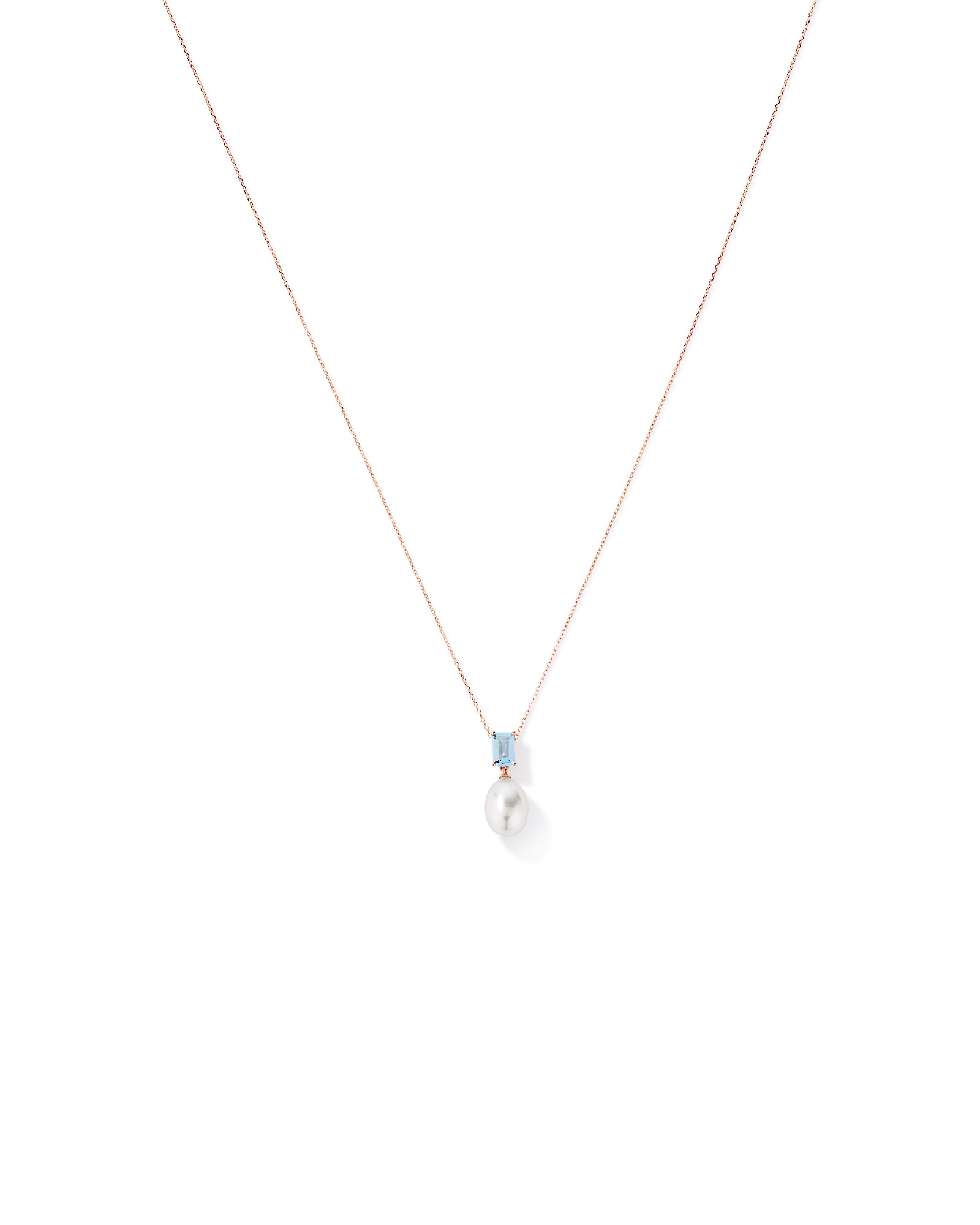 Collier pendentif en or rose 10 carats, orné d'aigue-marine et de perles de culture d'eau douce.