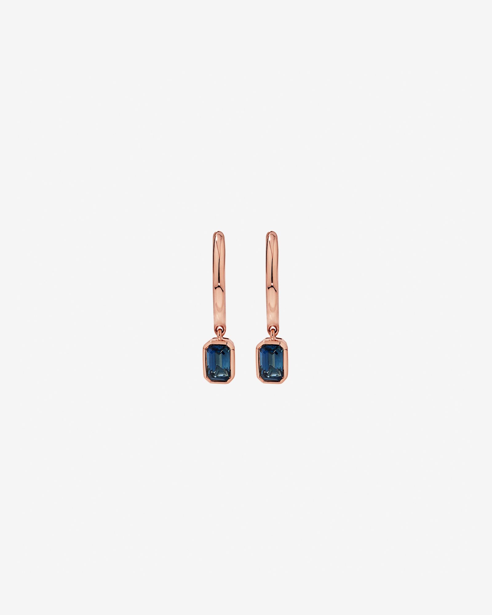 Australian Sapphire Emerald Cut Bezel Set Drop Hoop Earrings in 10kt Rose Gold