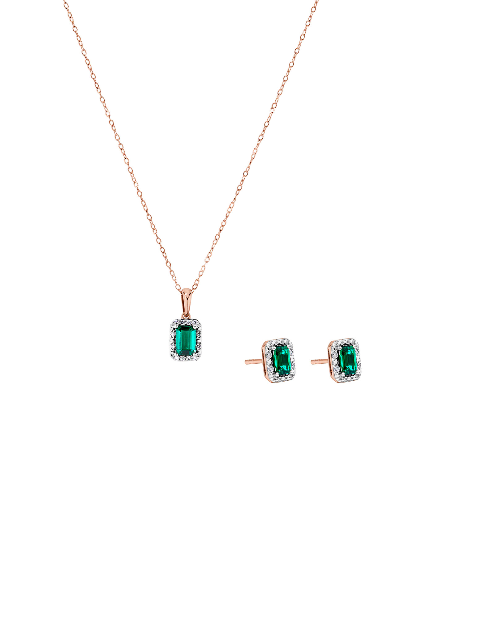 Created Emerald & 0.10 Carat TW Laboratory-Grown Diamond Halo Ring in 10kt Rose Gold and Rhodium