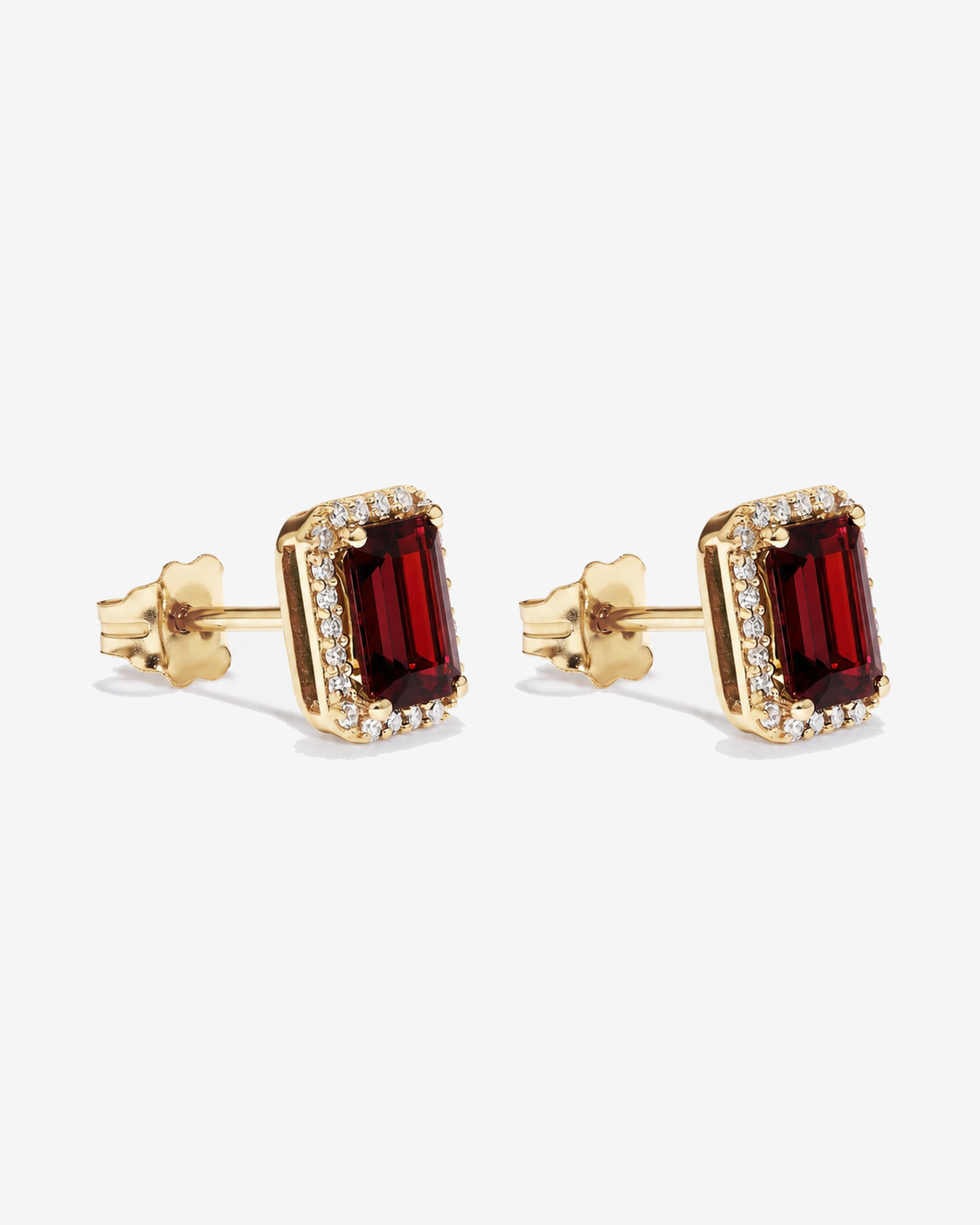Emerald Cut Garnet and Diamond Halo Earrings in 10kt Yellow Gold