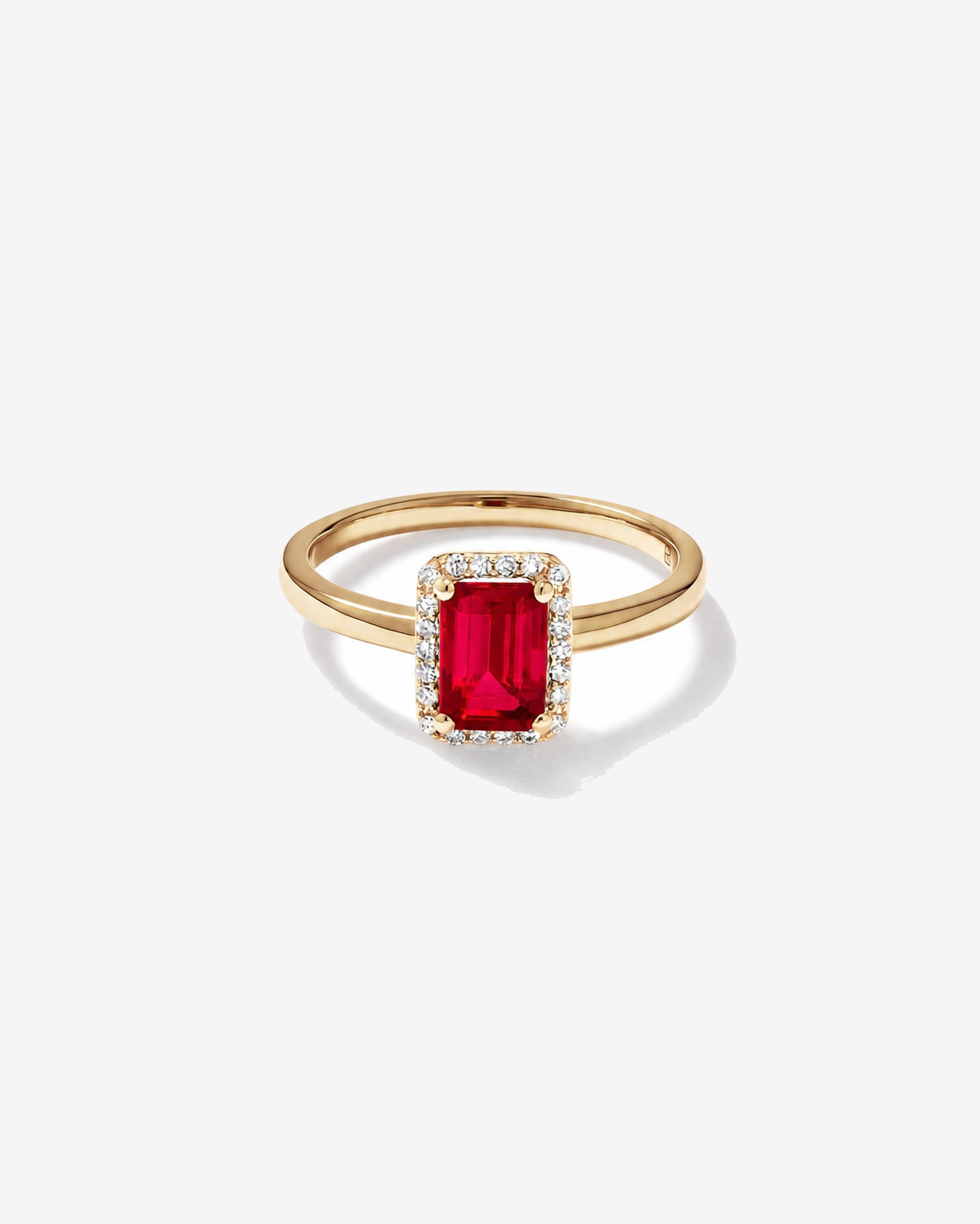 Emerald Cut Created Ruby and Diamond Halo Ring in 10kt Yellow Gold