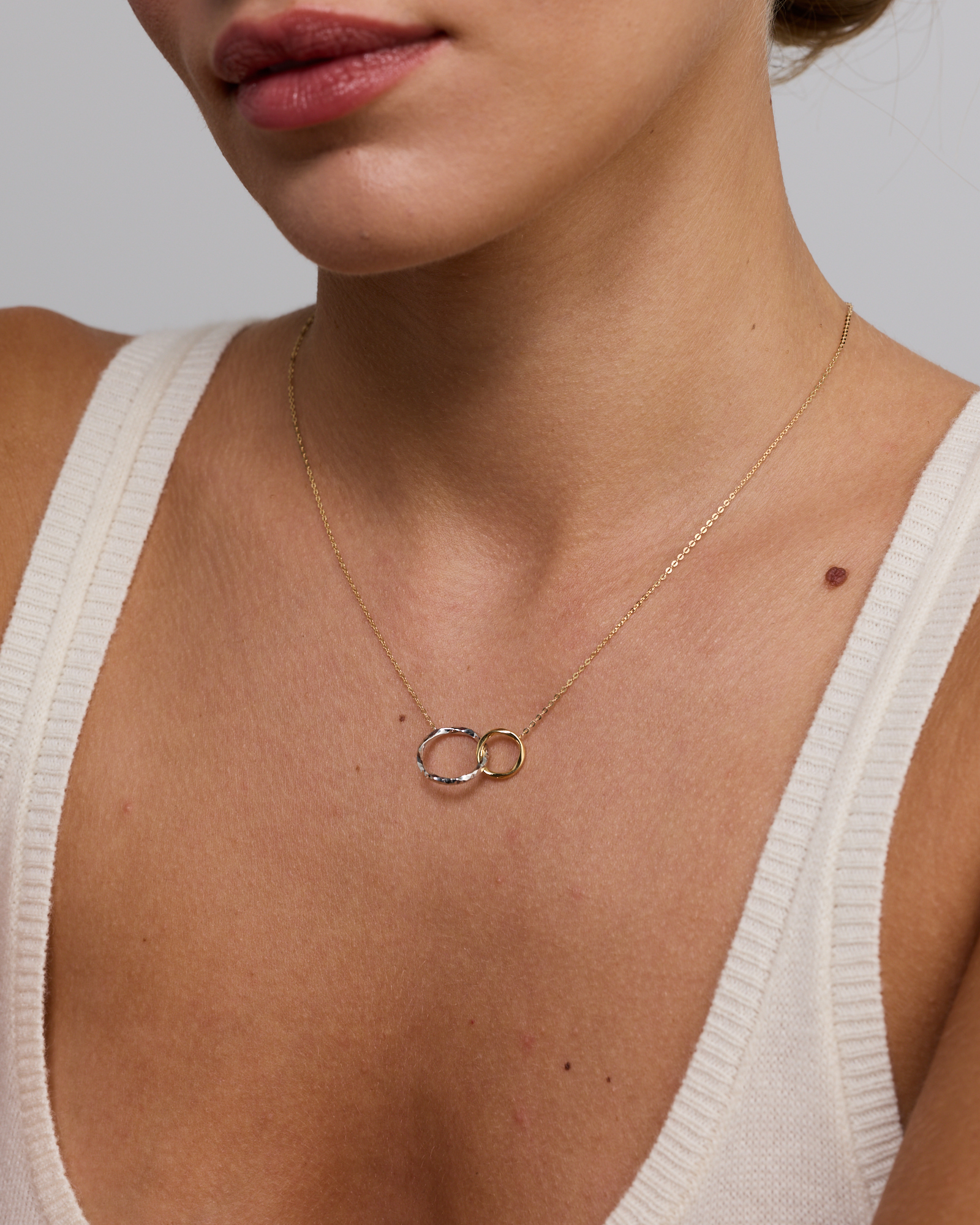 Two-Tone Double Circle Link Hammered Finish Necklace in 10kt White & Yellow Gold