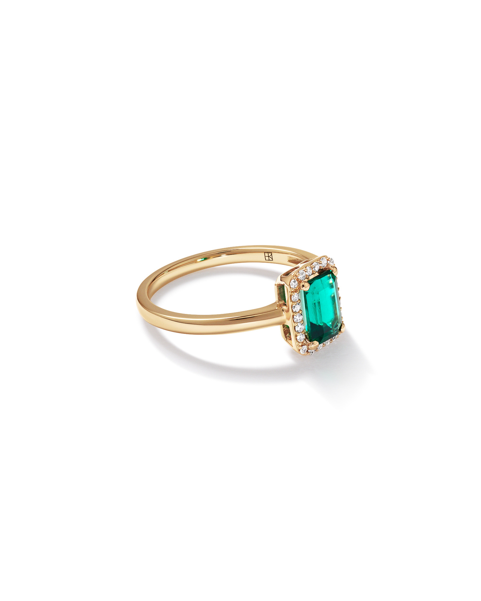 Emerald Cut Green Created Emerald Gemstone and Diamond Halo Ring in 10kt Yellow Gold
