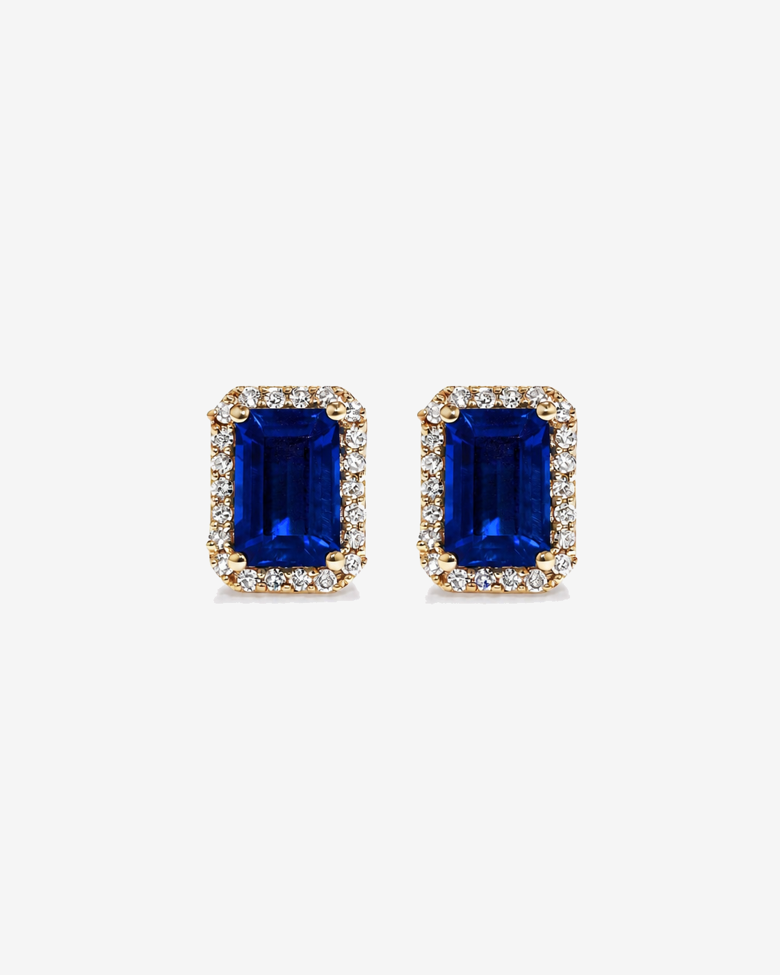 Emerald Cut Created Sapphire and Diamond Halo Earrings in 10kt Yellow Gold