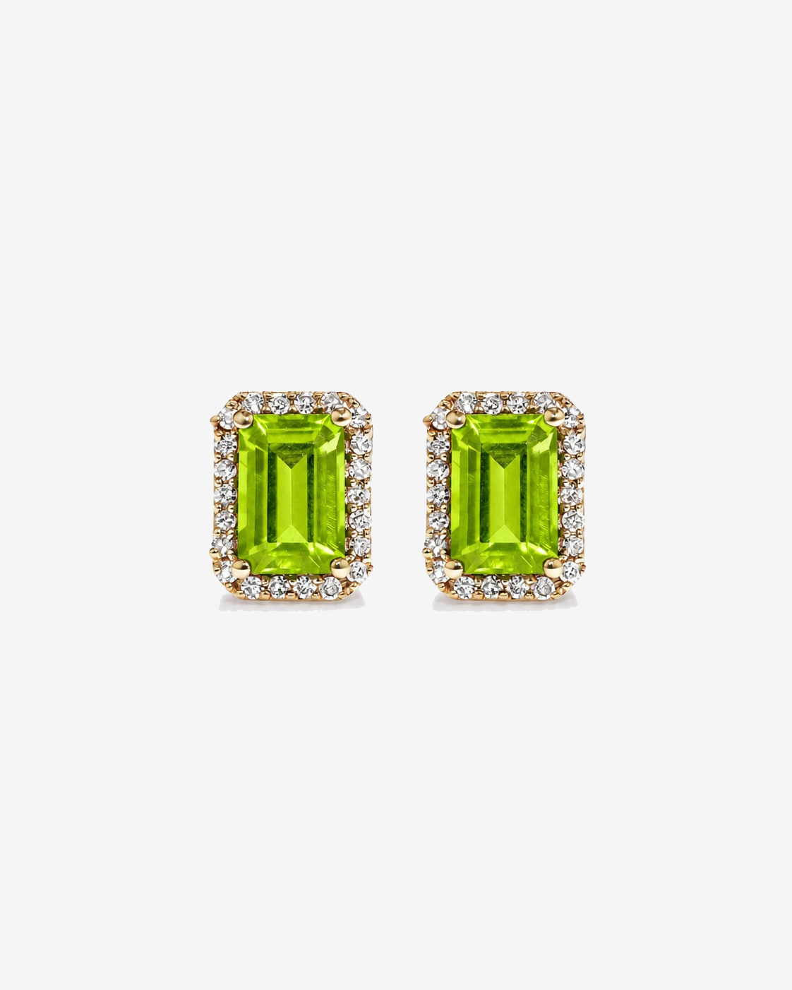 Emerald Cut Peridot and Diamond Halo Earrings in 10kt Yellow Gold