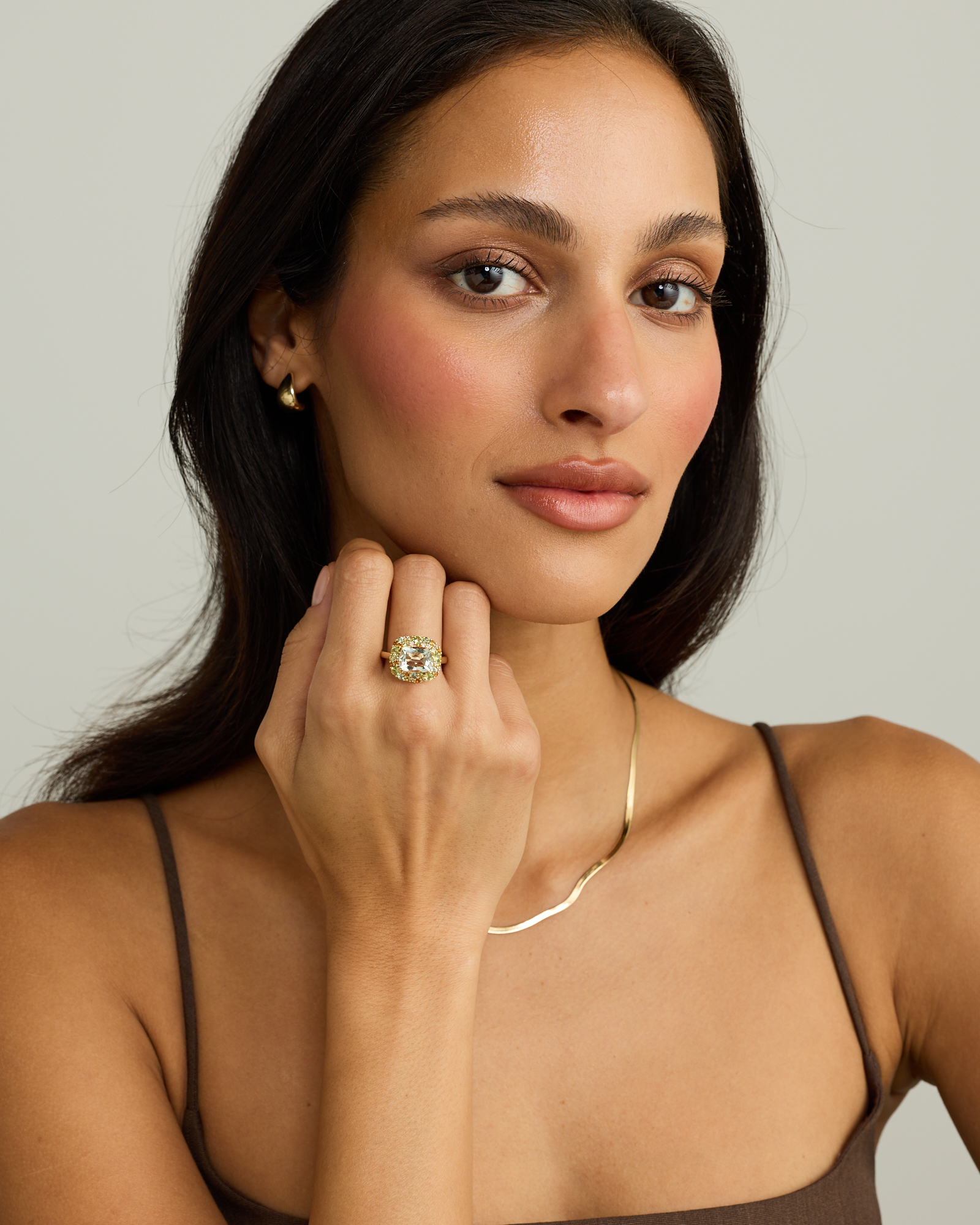 Green Amethyst, Peridot, Citrine & White Topaz Halo Ring 10kt Yellow Gold