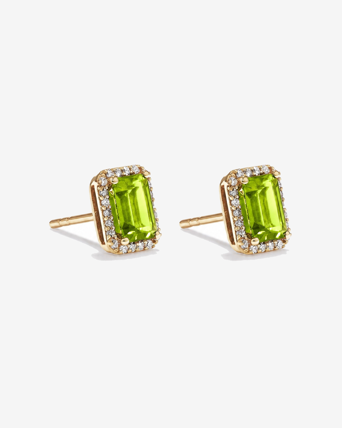 Emerald Cut Peridot and Diamond Halo Earrings in 10kt Yellow Gold