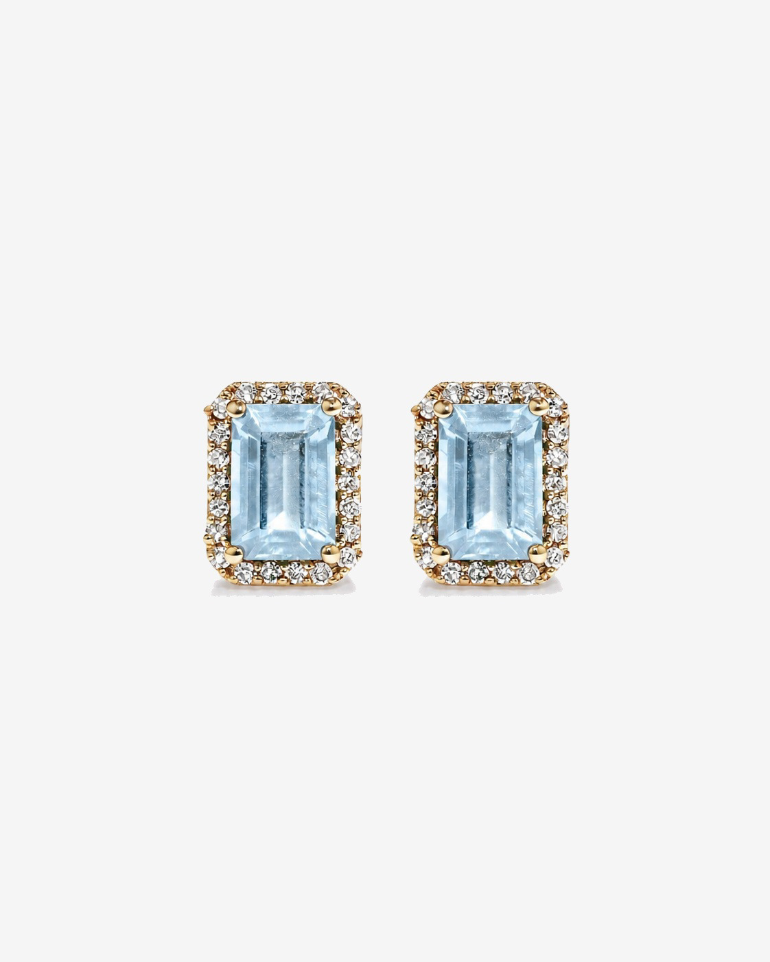 Boucles d'oreilles halo Aigue-marine taille émeraude avec diamants en or jaune 10 ct