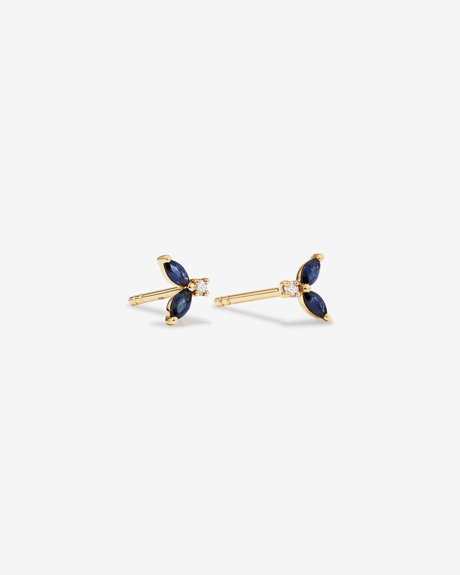 Round Diamond and Marquise Blue Sapphire Gemstone Stud Earrings in 10kt Yellow Gold