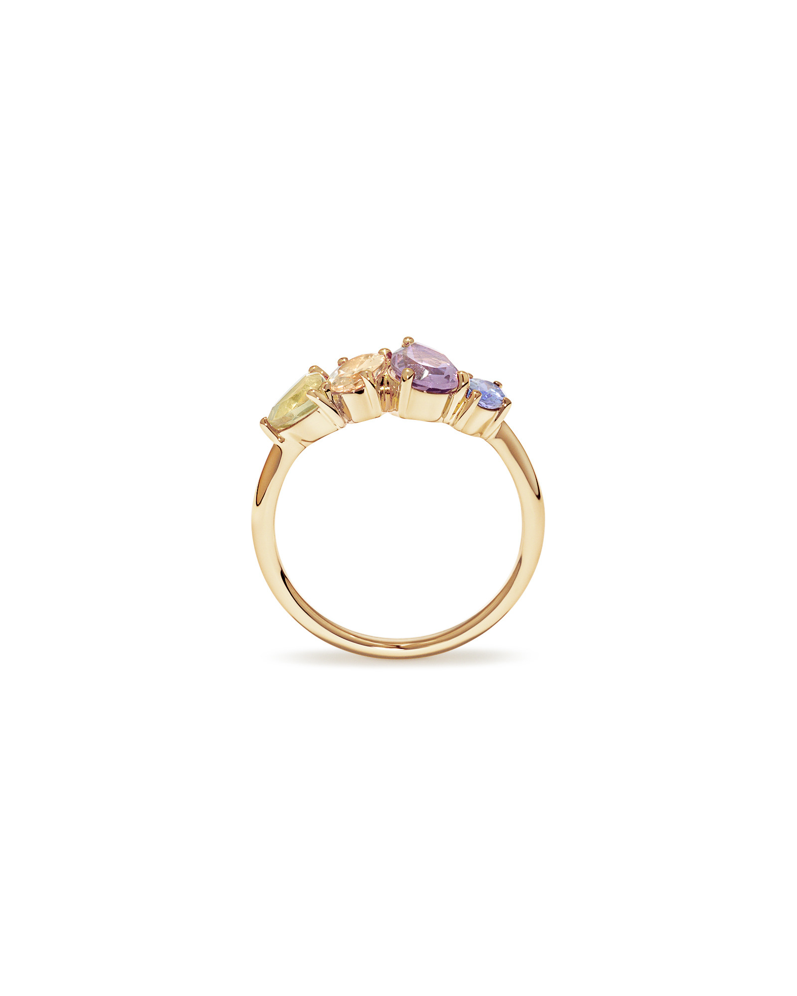 Bague multi-gemmes en améthyste verte, morganite, améthyste rose et tanzanite en or jaune 10 carats
