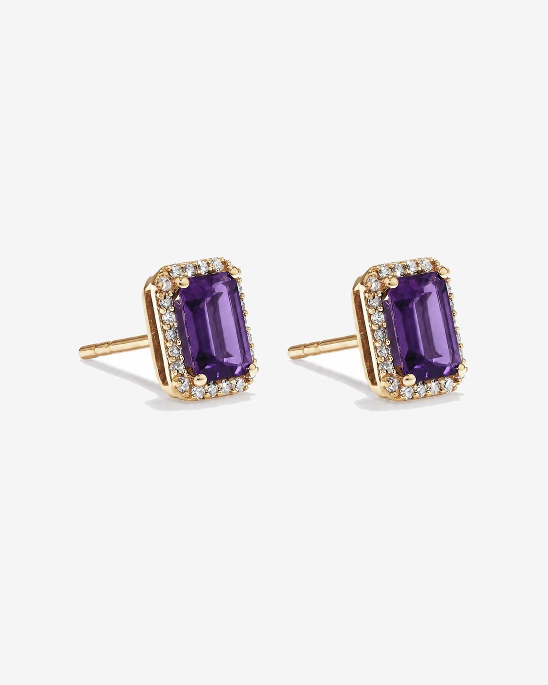 Emerald Cut Amethyst and Diamond Halo Earrings in 10kt Yellow Gold