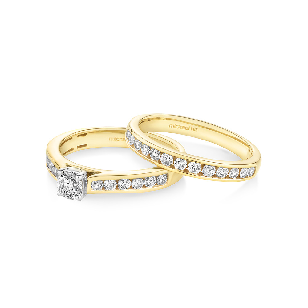 Ensemble nuptial en or blanc et jaune 14 K avec diamants totalisant 1,00 ct