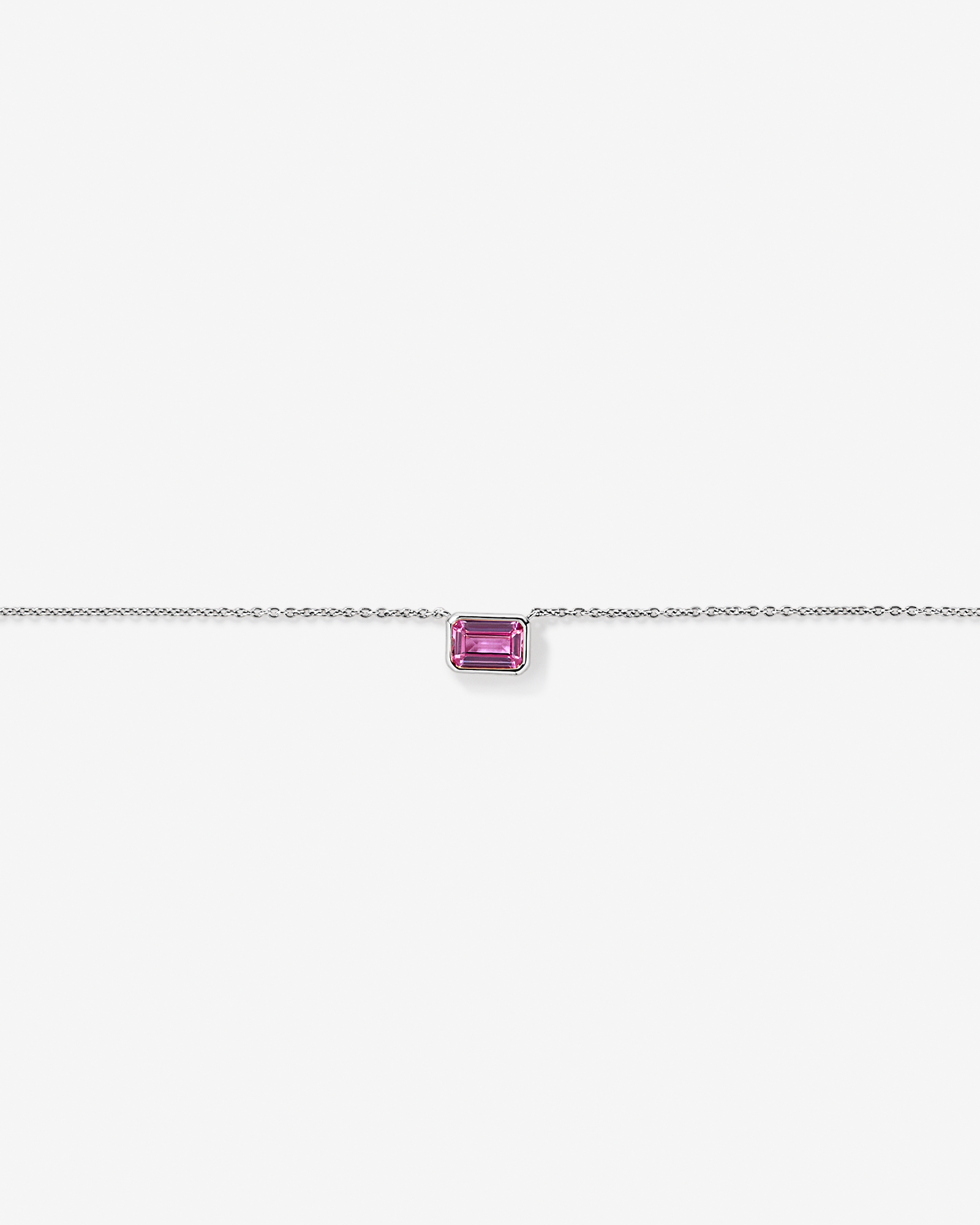 Emerald Cut Pink Created Sapphire East-to-West Set Bezel Necklace with Chain in 10kt Gold