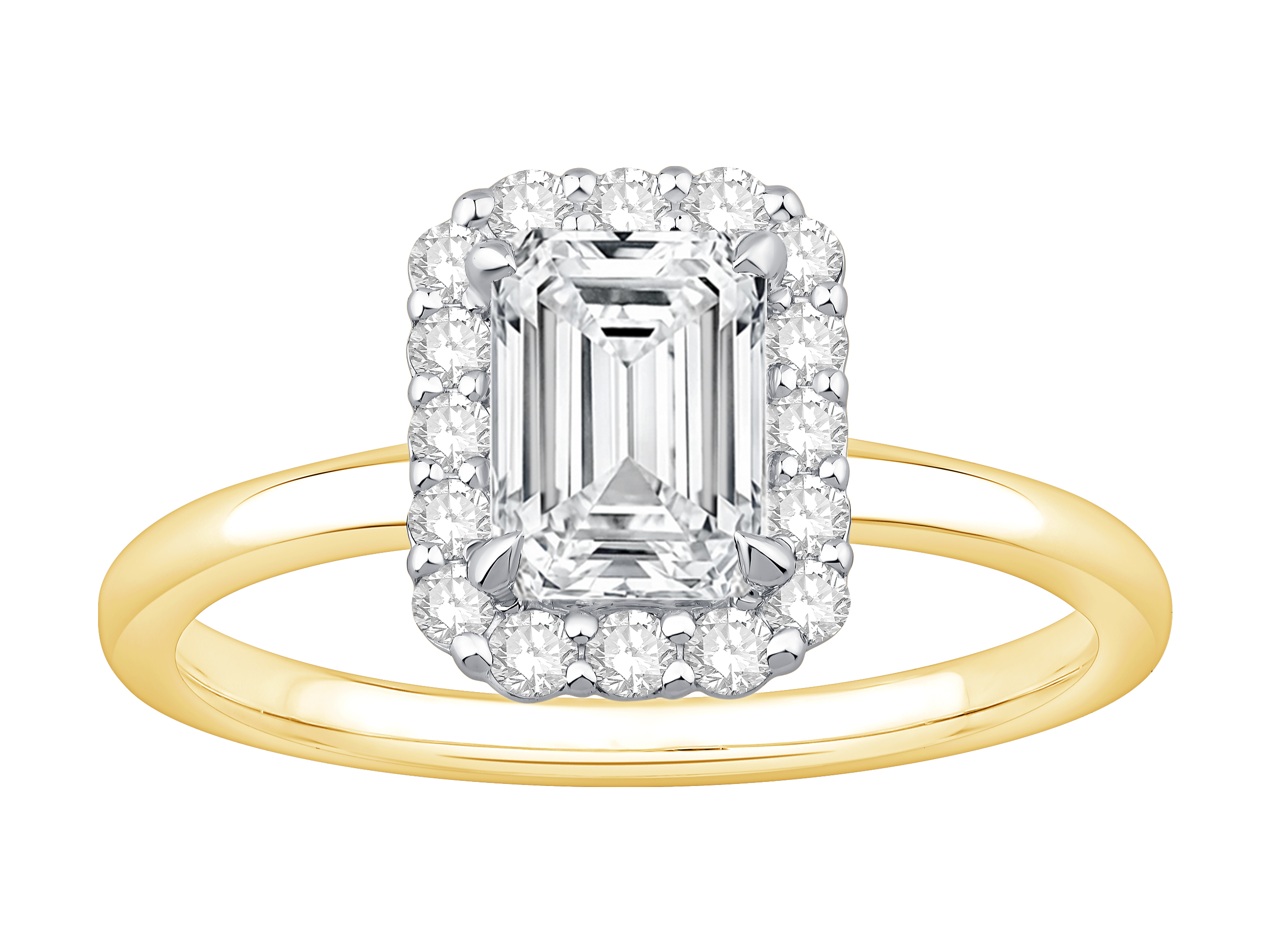 Bague De Fiançailles Halo En Diamant Laboratoire Taille Émeraude 1,46 Carat Poids Total Or Jaune Et Blanc 14 Carats