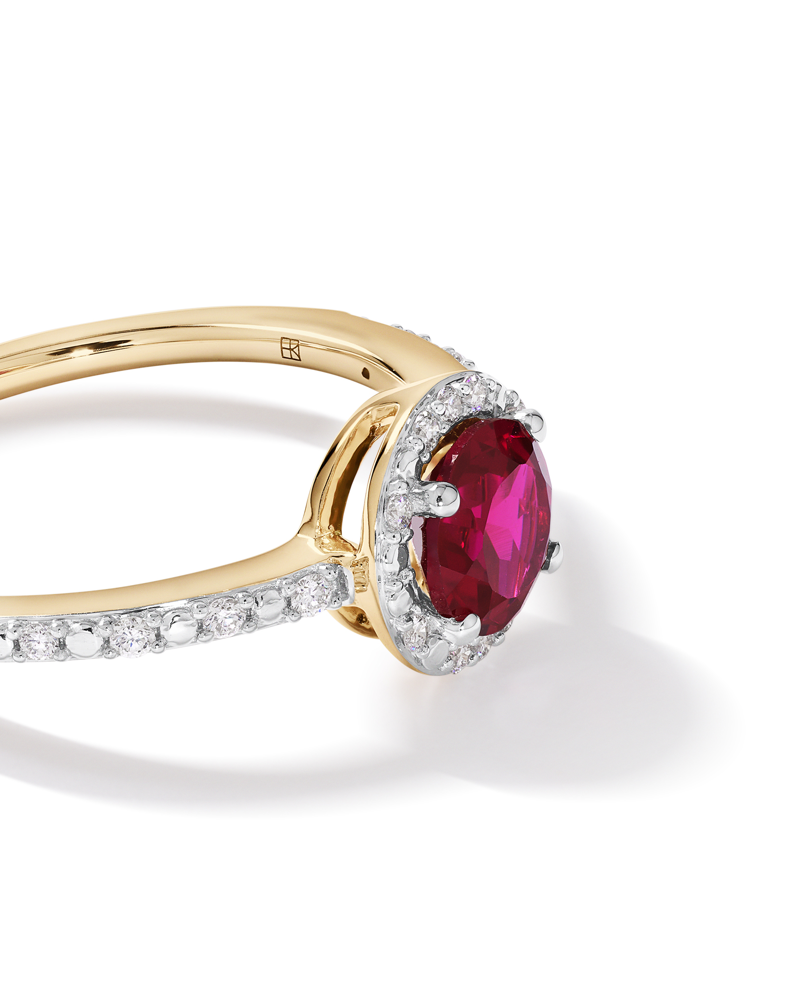 Round Cut Red Created Ruby and Lab-Grown Diamond Halo Ring in 10kt Yellow Gold and Rhodium