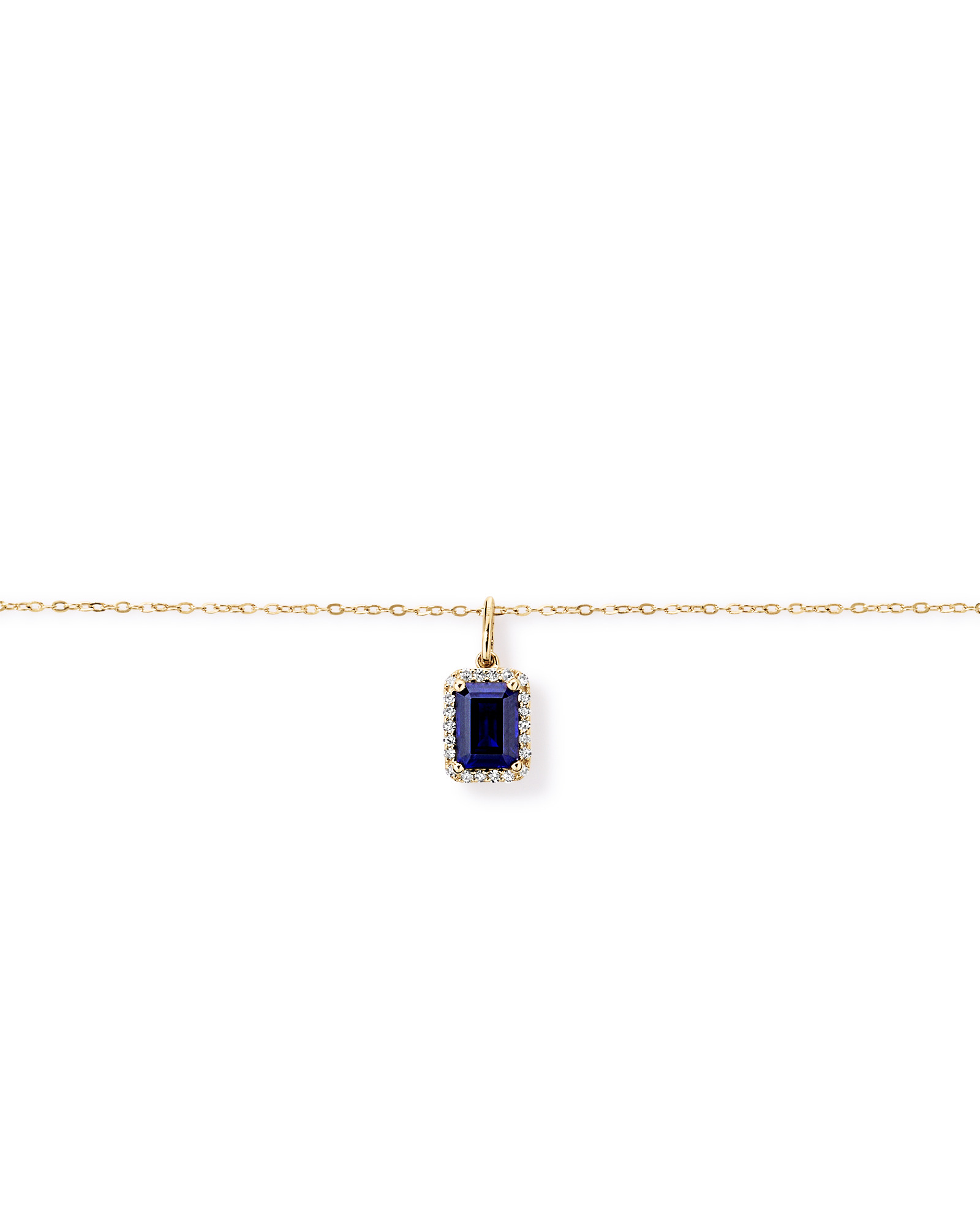 Emerald Cut Created Sapphire and Diamond Halo Pendant with Chain in 10kt Yellow Gold