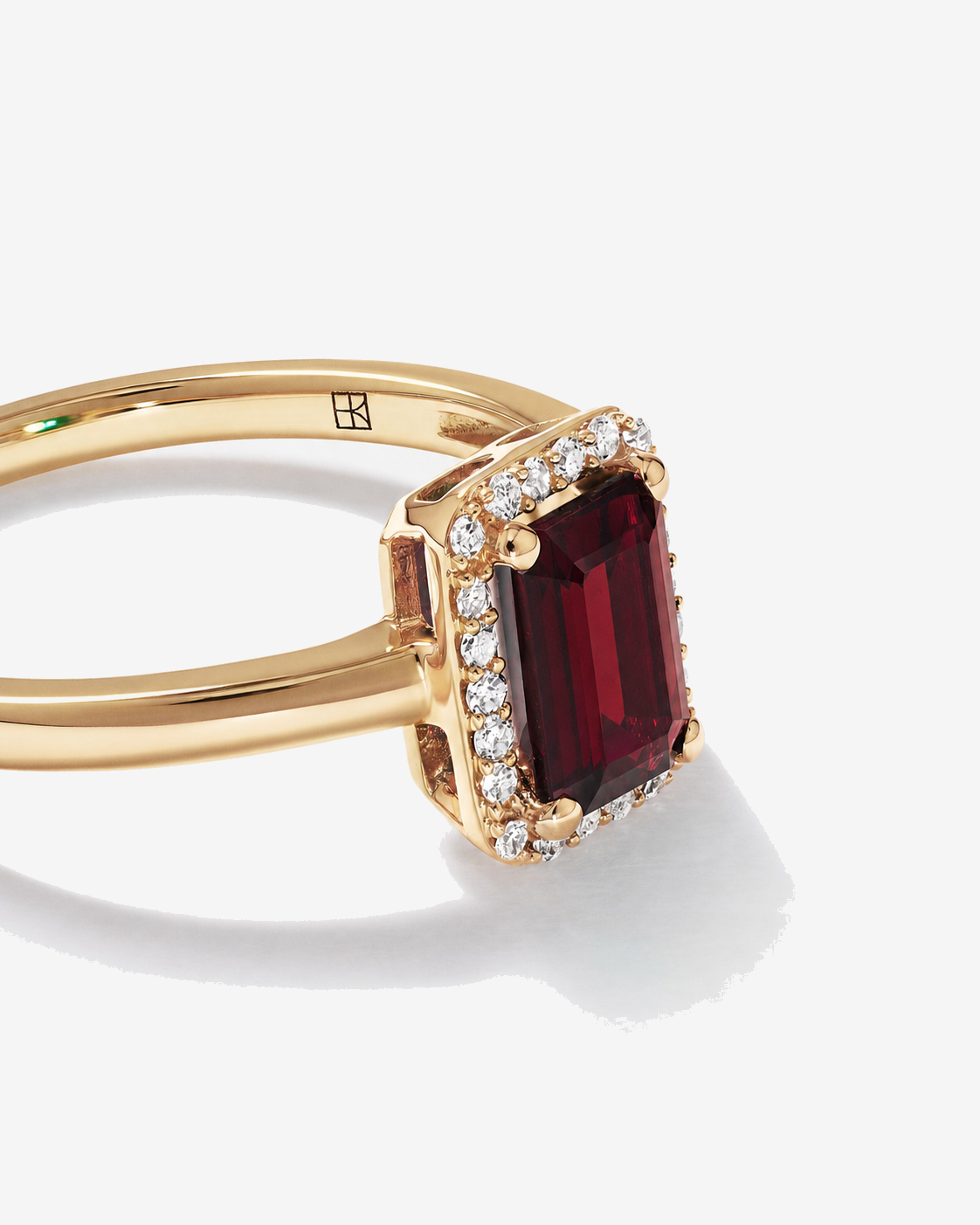 Emerald Cut Garnet and Diamond Halo Ring 10kt Yellow Gold