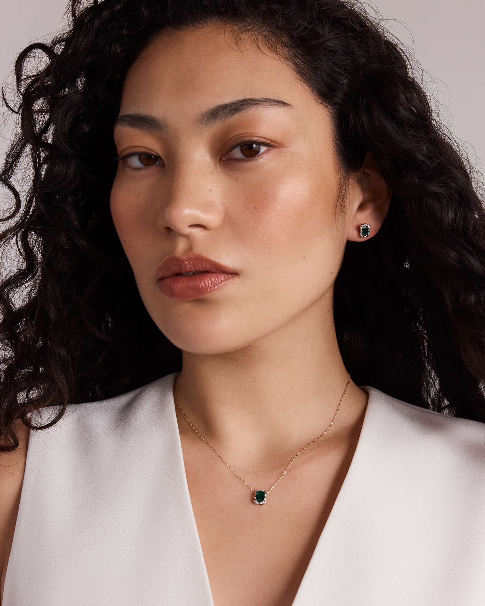 Emerald Cut Green Created Emerald and Lab-Grown Diamond Halo Stud Earrings and Pendant Necklace Set in 10kt Yellow Gold and Rhodium