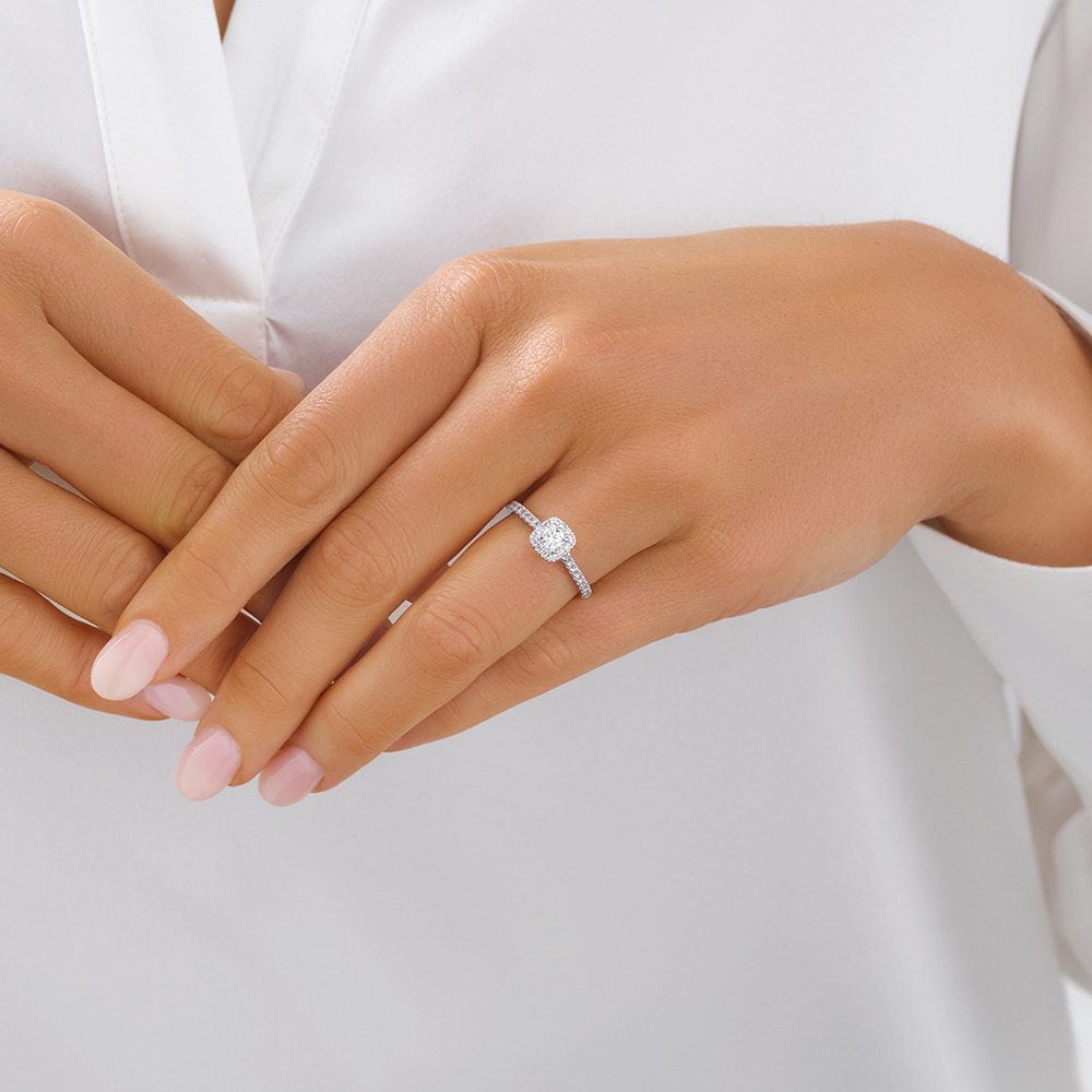 Round Brilliant Cushion Shaped Halo Ring with 0.50 Carat TW of Diamonds in 14kt White Gold