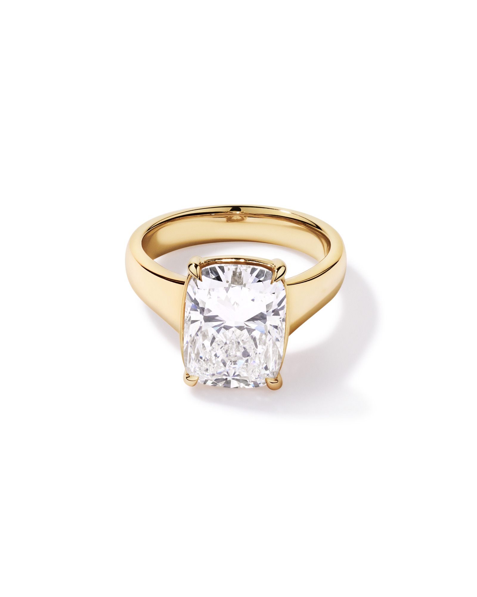 5.00 Carat Laboratory-Grown Elongated Cushion Diamond Solitaire Four Claw with Low Set Bezel Engagement Ring 14kt Yellow Gold