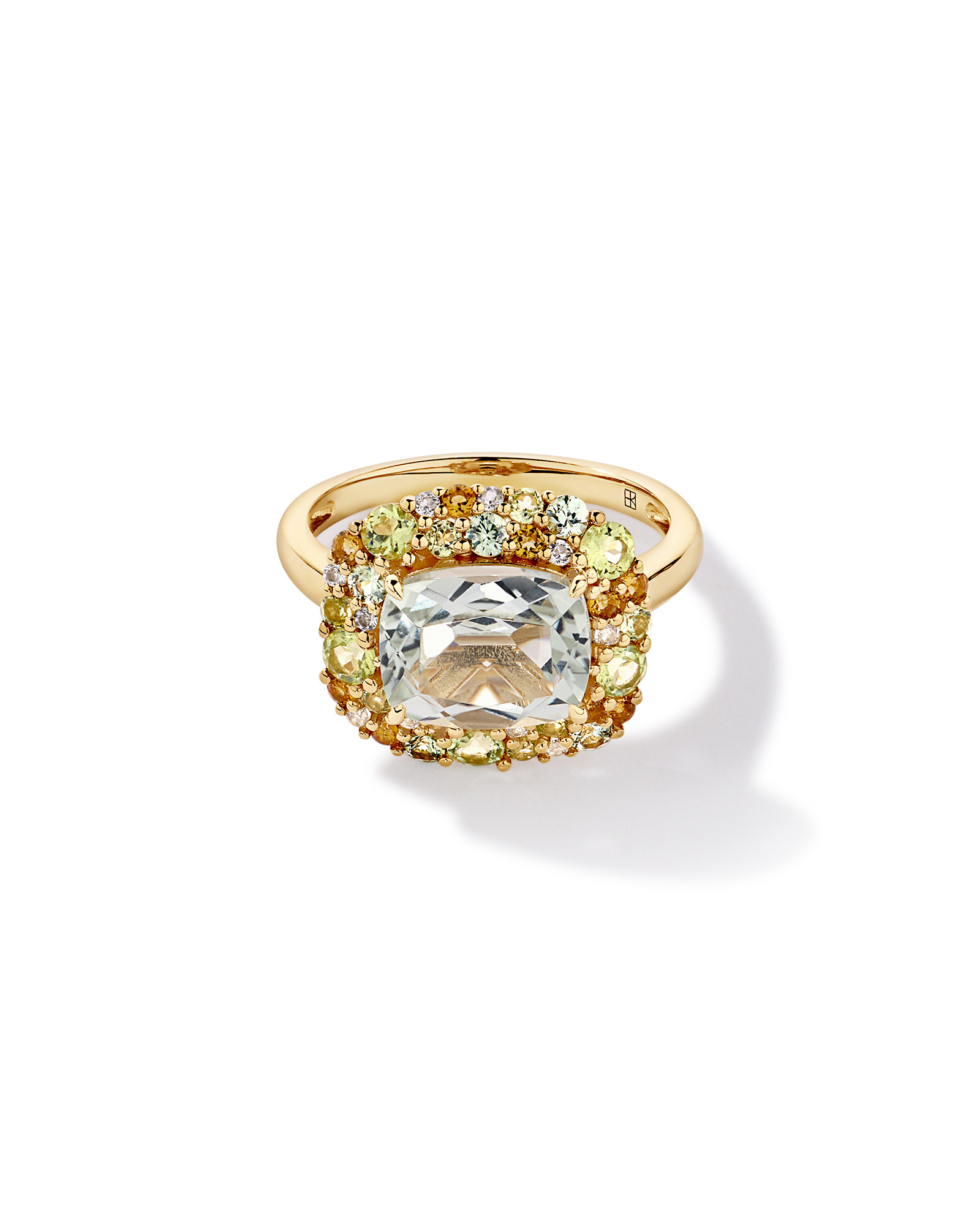 Green Amethyst, Peridot, Citrine & White Topaz Halo Ring 10kt Yellow Gold