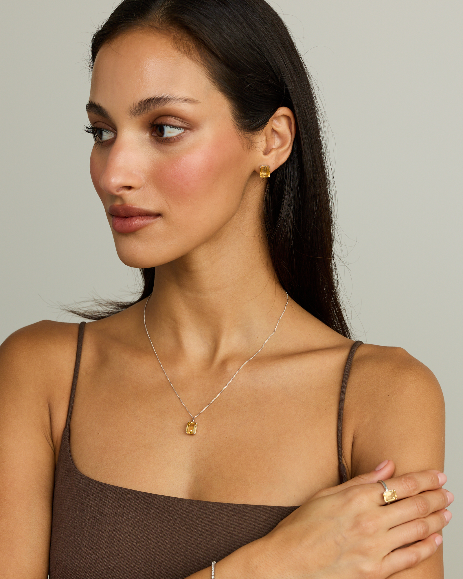 Emerald Cut Soft Champagne Citrine Pendant with Chain in Sterling Silver