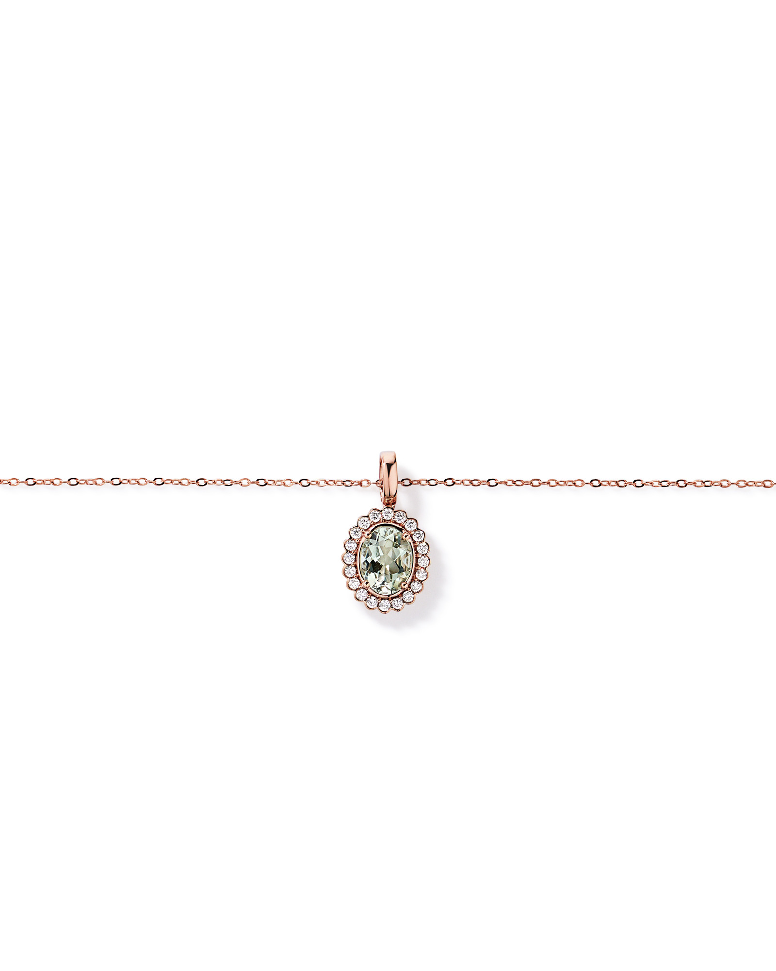 Green Amethyst & 0.20TW of Diamond Halo Pendant with Chain in 10kt Rose Gold