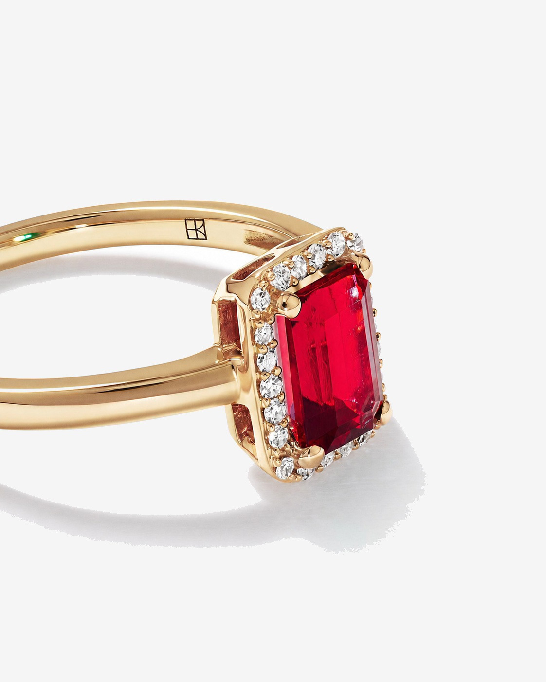 Emerald Cut Created Ruby and Diamond Halo Ring 10kt Yellow Gold