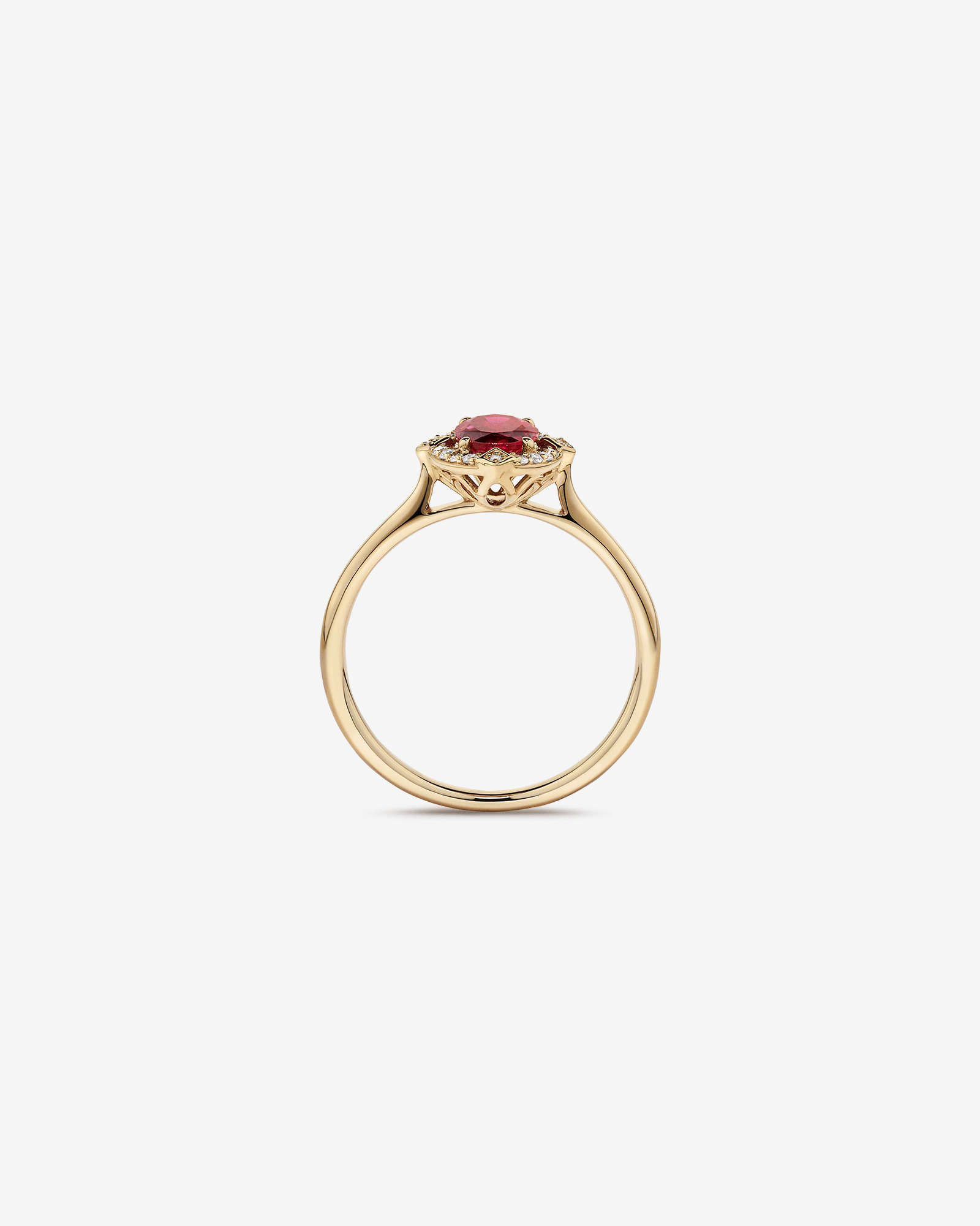 Bague halo en or jaune 10 kt avec rubis créé taille ovale et diamants